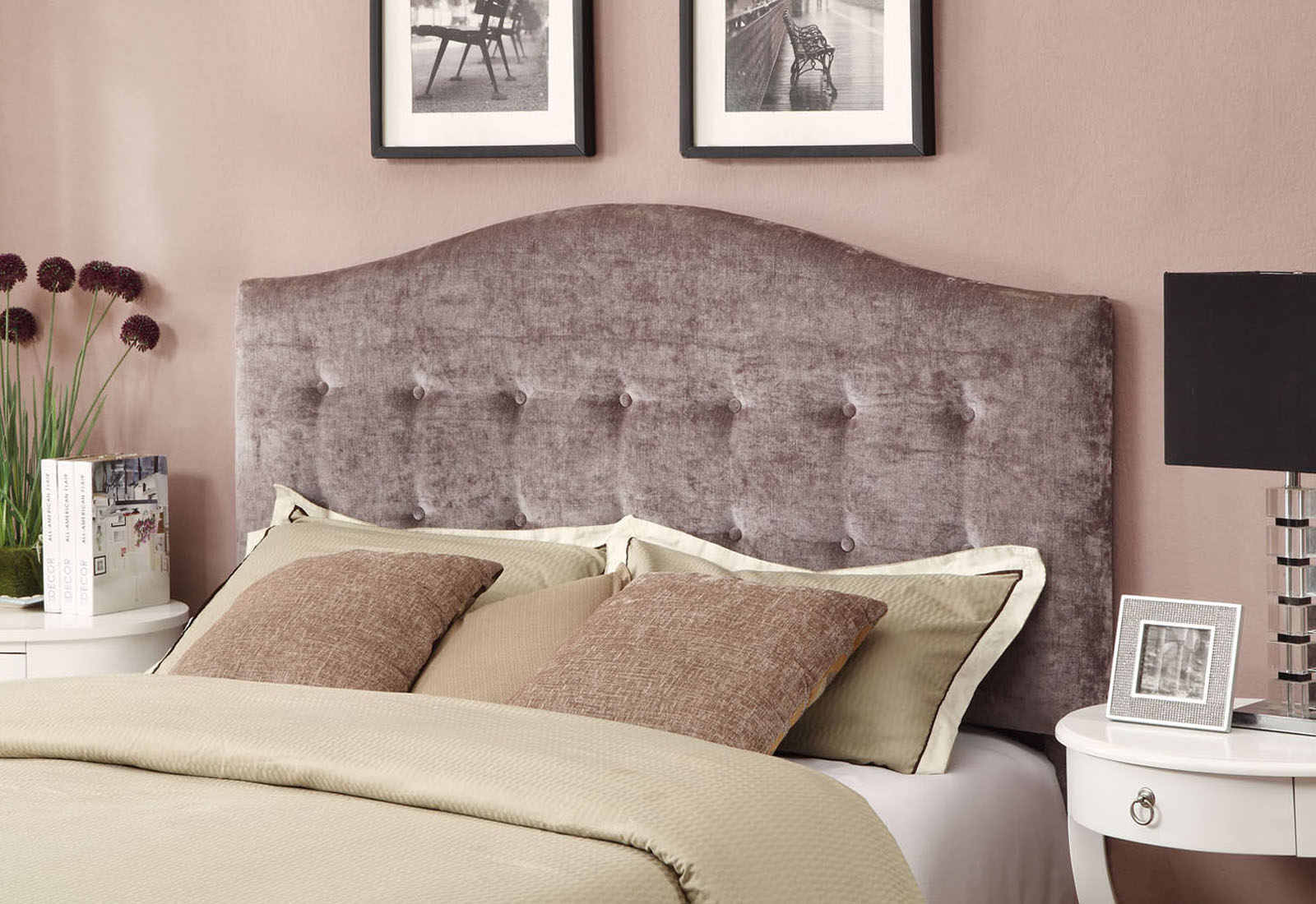Tufted Upholstered Queen Headboard in Pewter Suede