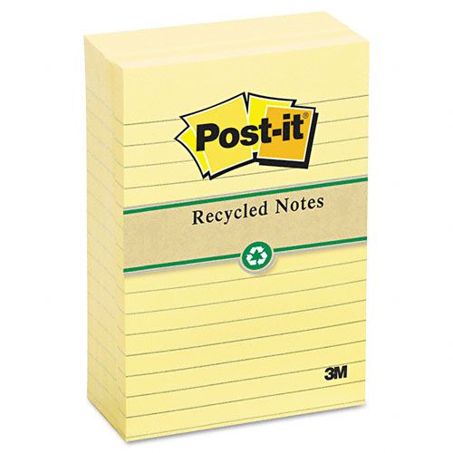 Post-it Recycled Notes, 4 x 6, Canary, 12 100-Sheet Pads