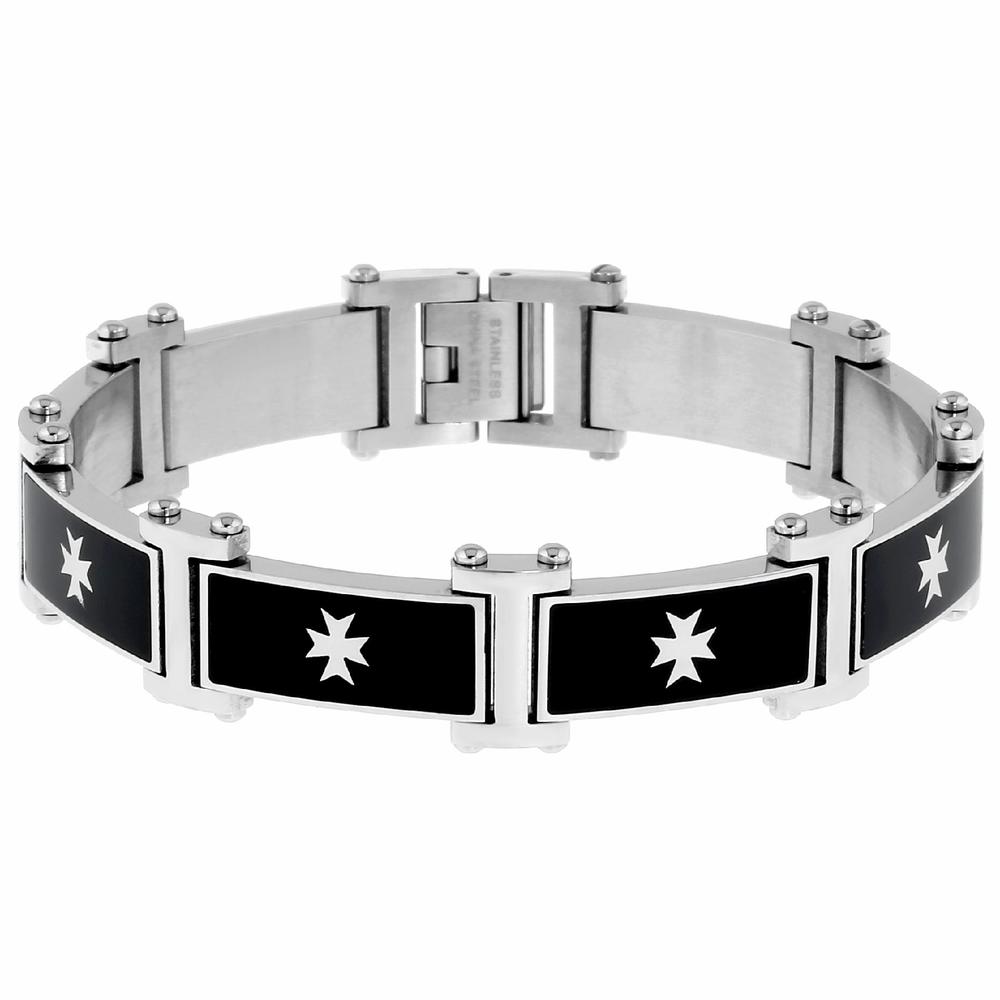 Stainless Steel Link Bracelet with Black IP and Maltese Cross Accent