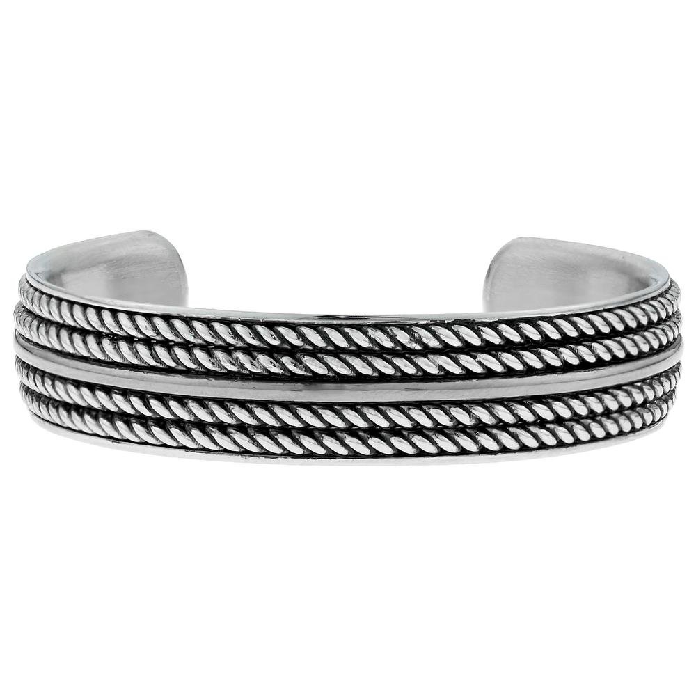 Stainless Steel Ribbed Design Cuff Bangle with Black IP Accent