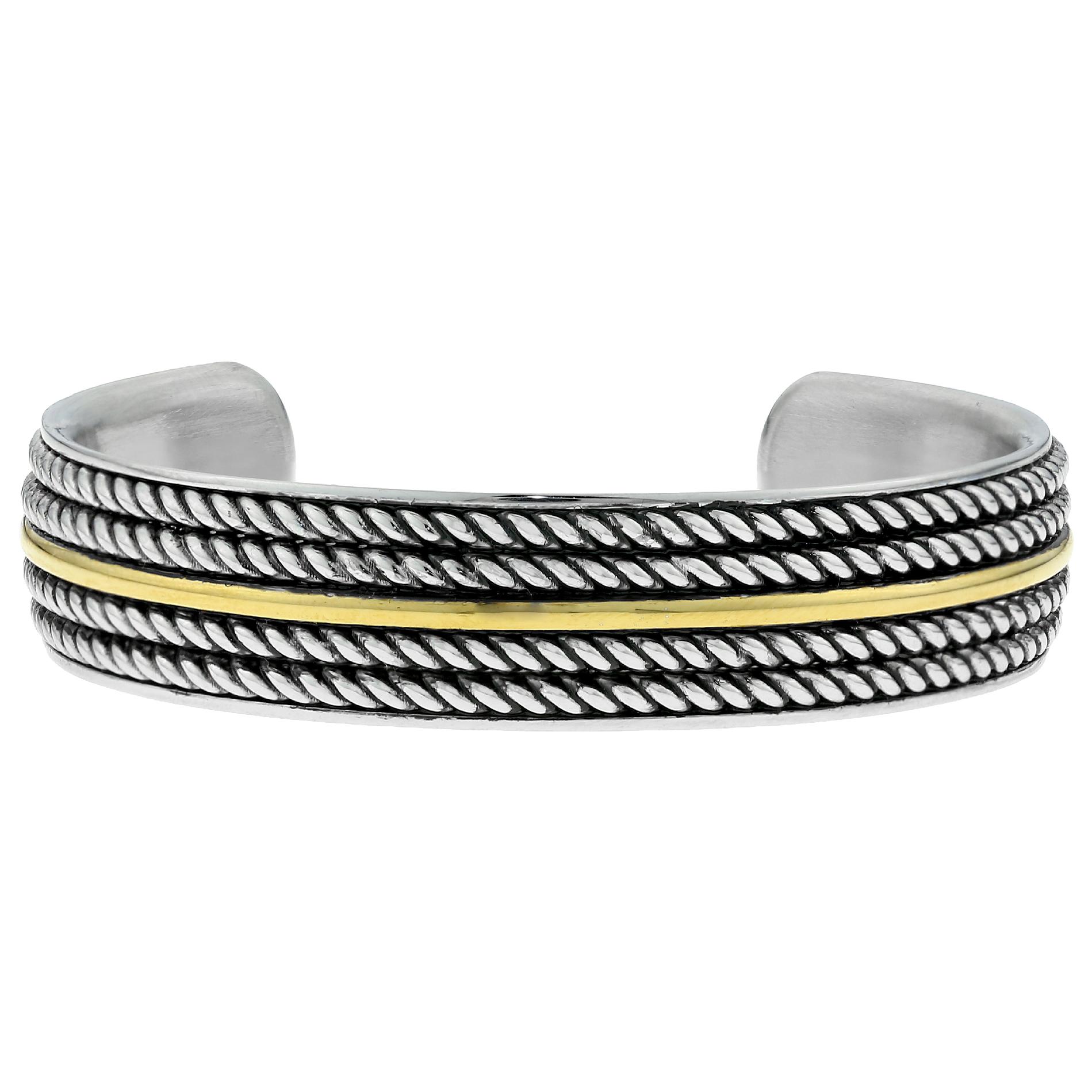 Stainless Steel Ribbed Design Cuff Bangle with Gold IP Accent
