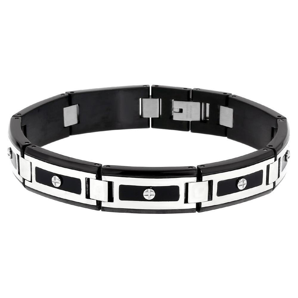 Stainless Steel Link Bracelet with Black Ionic Plating and Screws Accent