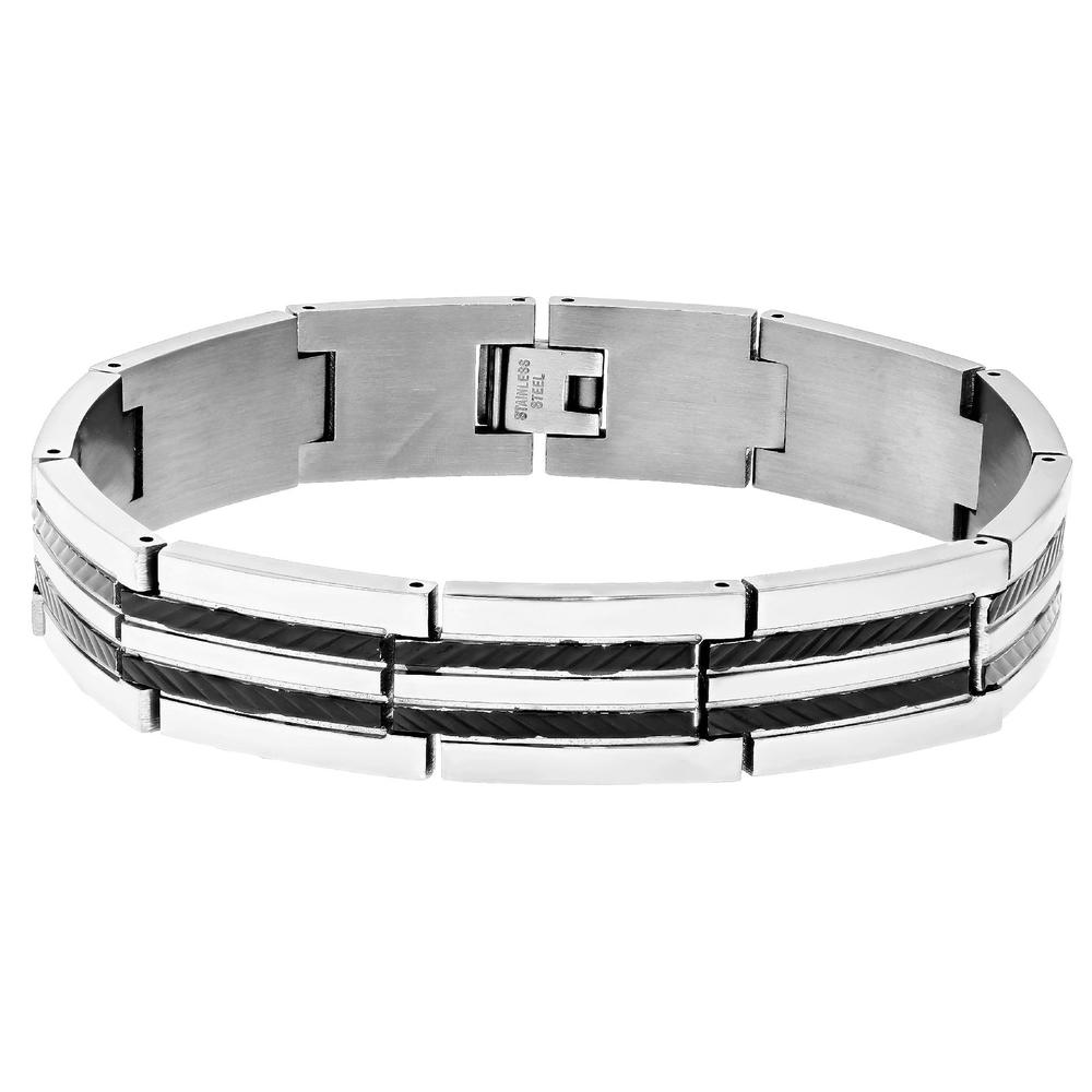 Stainless Steel Link Bracelet with Black IP Stripes