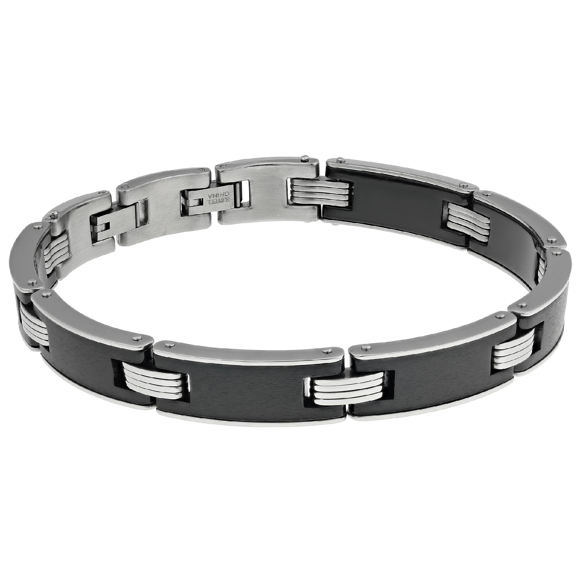 Stainless Steel Link Bracelet with Black Ceramic Accent