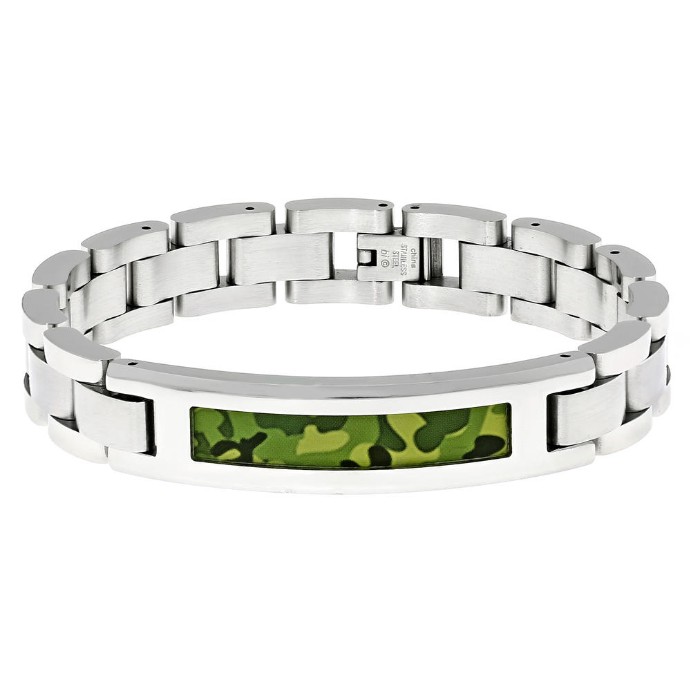 Stainless Steel Link Bracelet with Camouflage Accent  8.25" Length