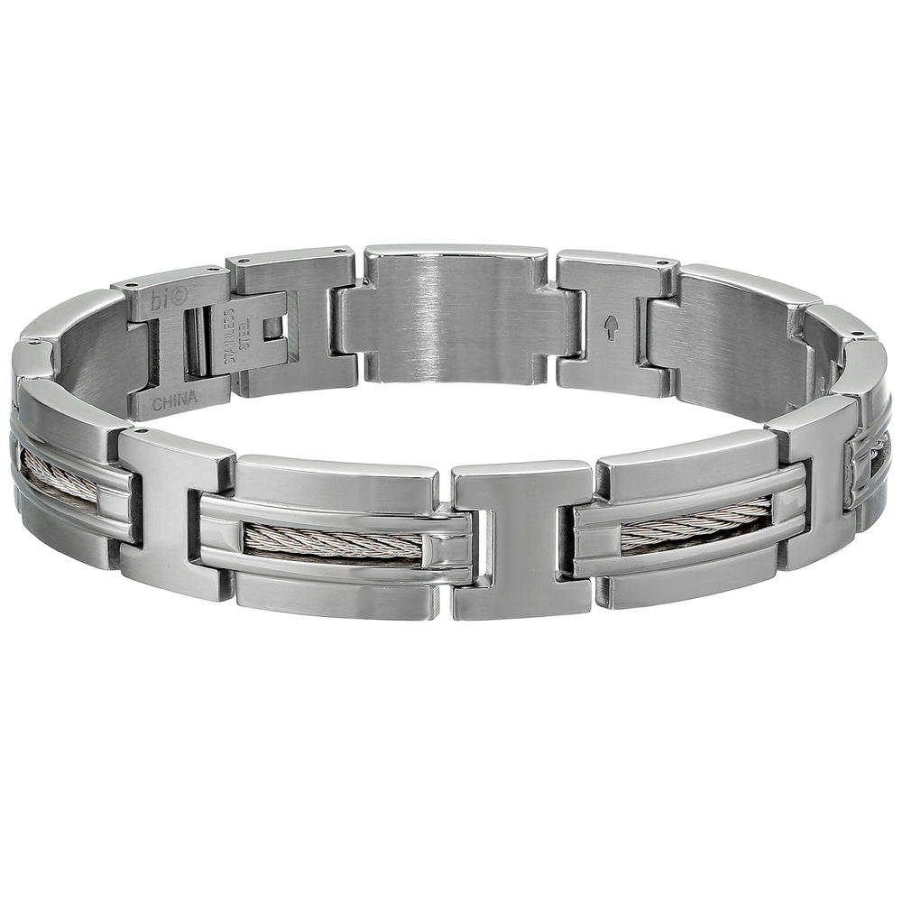 Stainless Steel Link Bracelet with Cables Inlay  8.25" Length