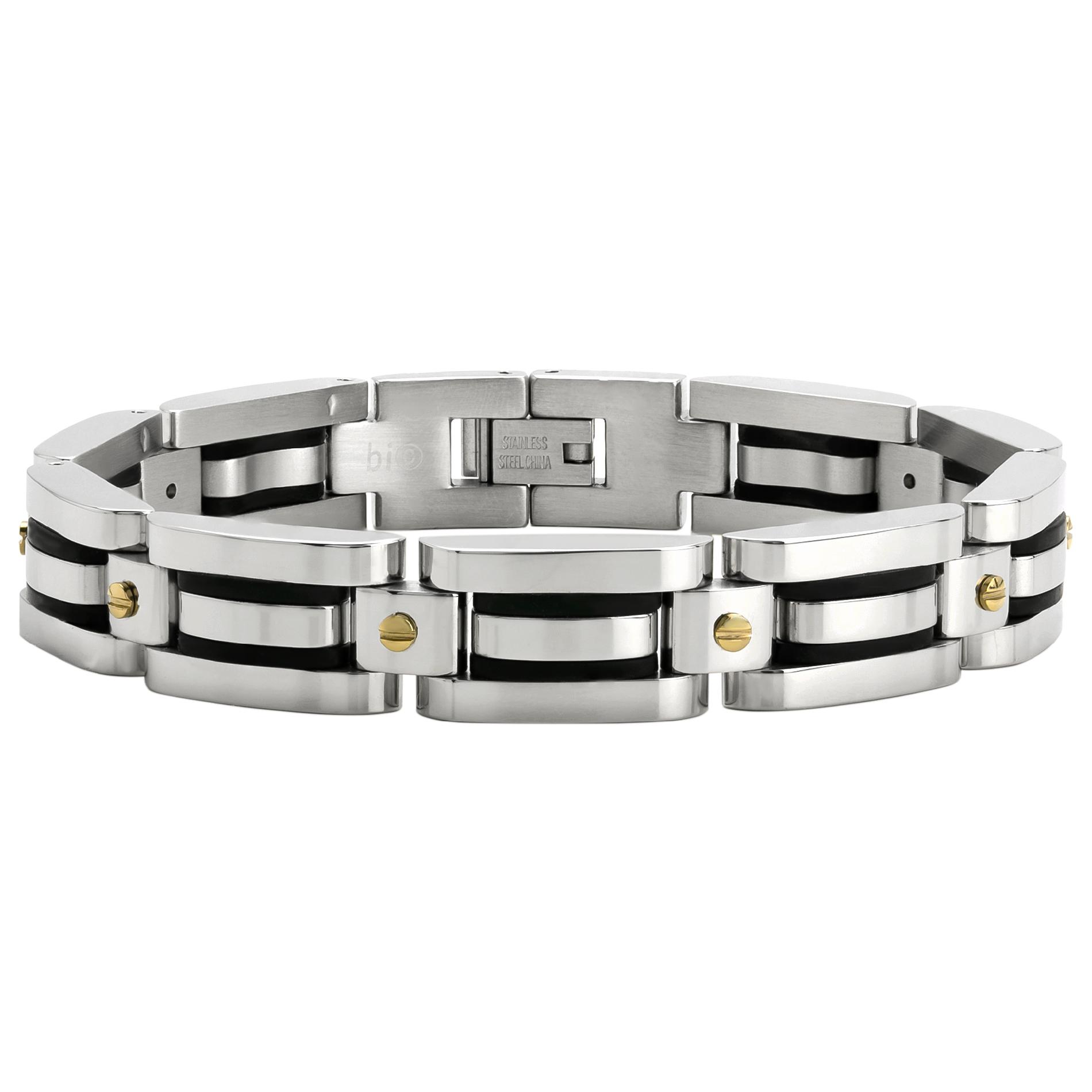 Stainless Steel Link Bracelet with Rubber and Gold IP Screw