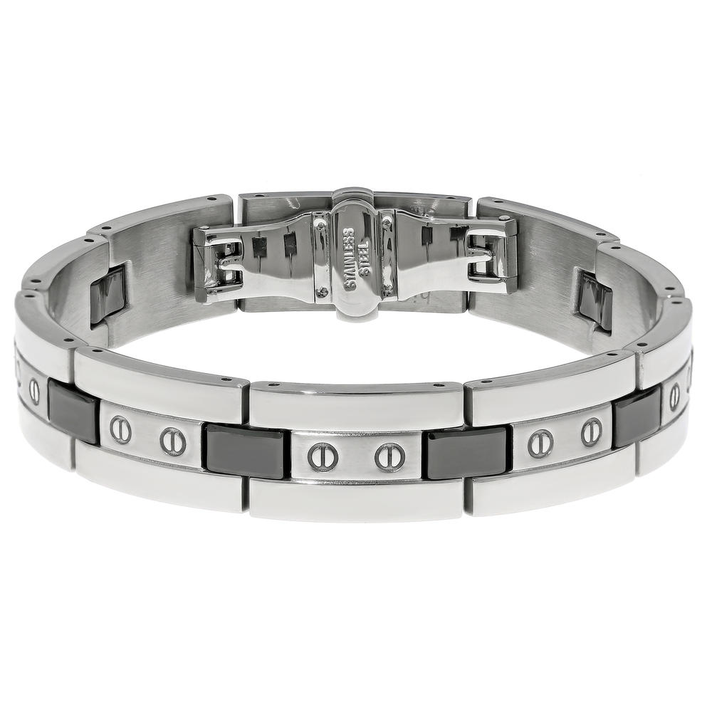 Stainless Steel Link Bracelet with Ceramic Highlights  8" Length
