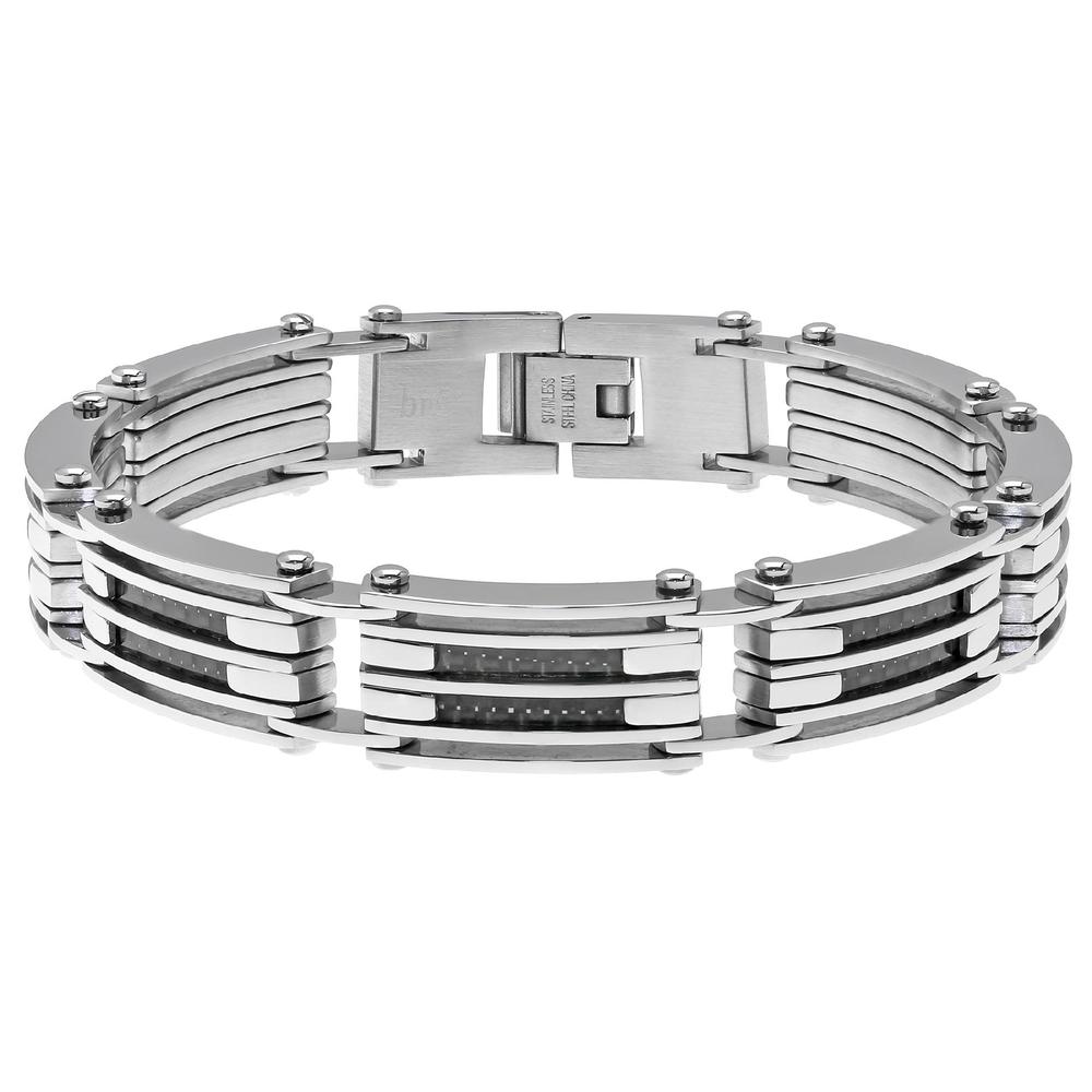 Stainless Steel Link Bracelet with Carbon Fiber Inlay