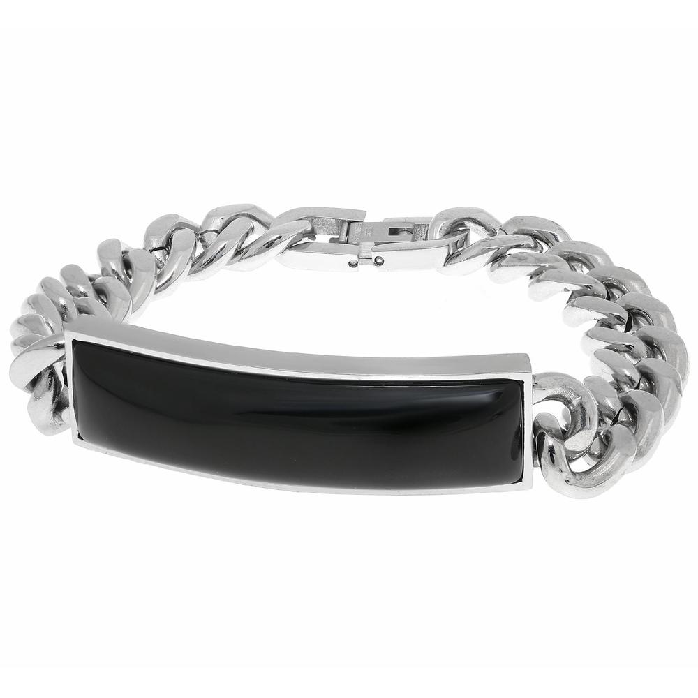 Stainless Steel Curb Bracelet with Black Agate  8.25" Length