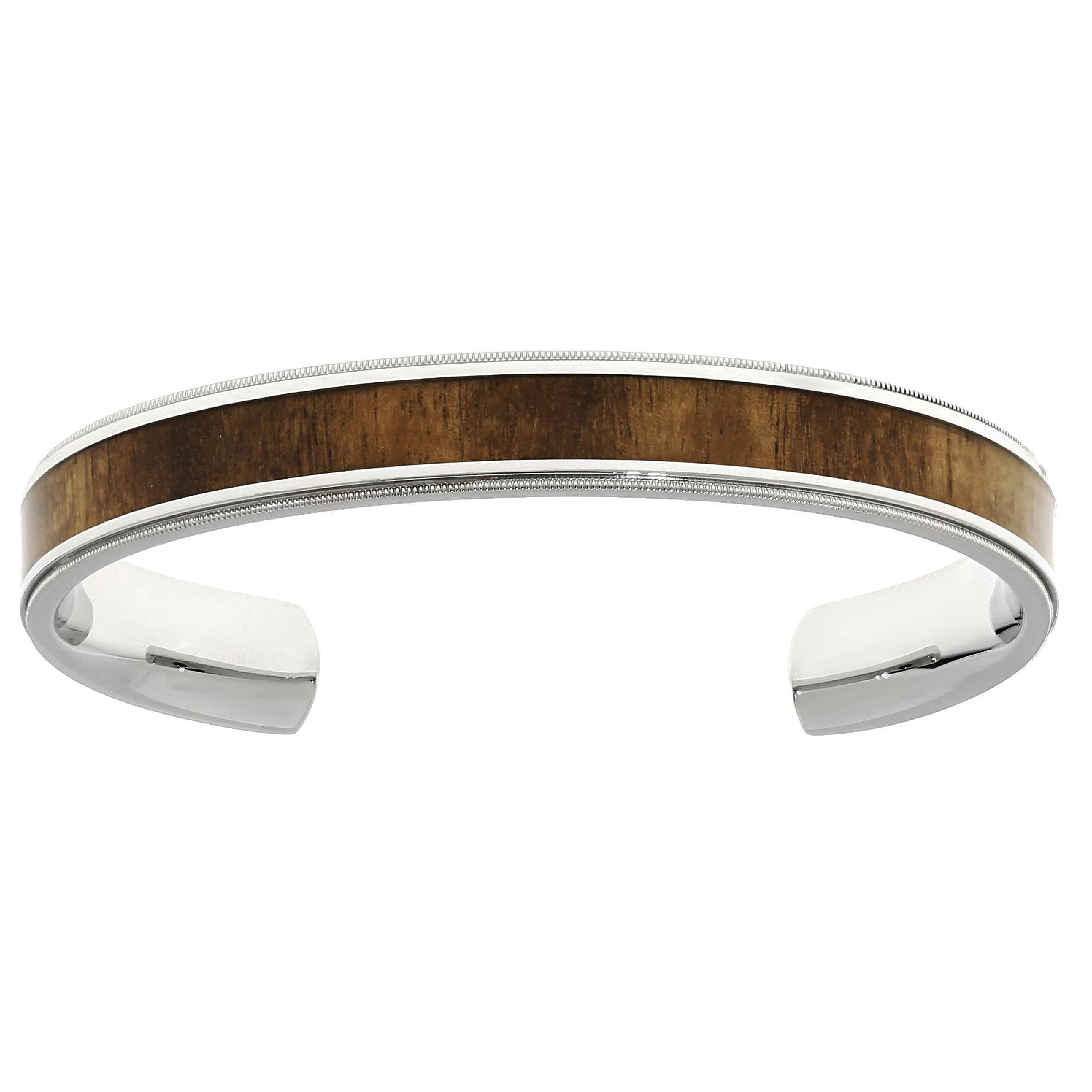 Stainless Steel Cuff Bangle with Light Wooden Inlay
