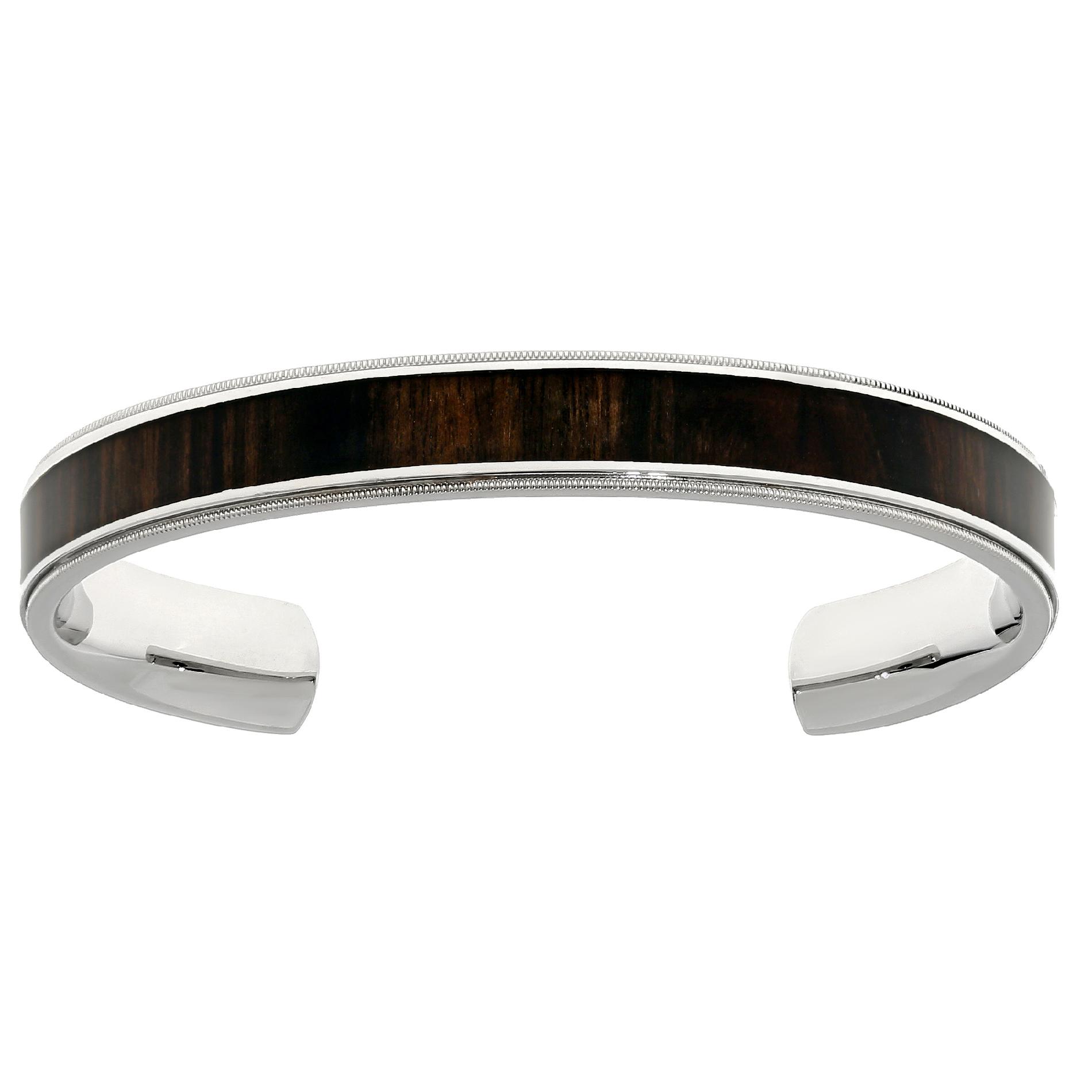 Stainless Steel Cuff Bangle with Dark Wooden Inlay
