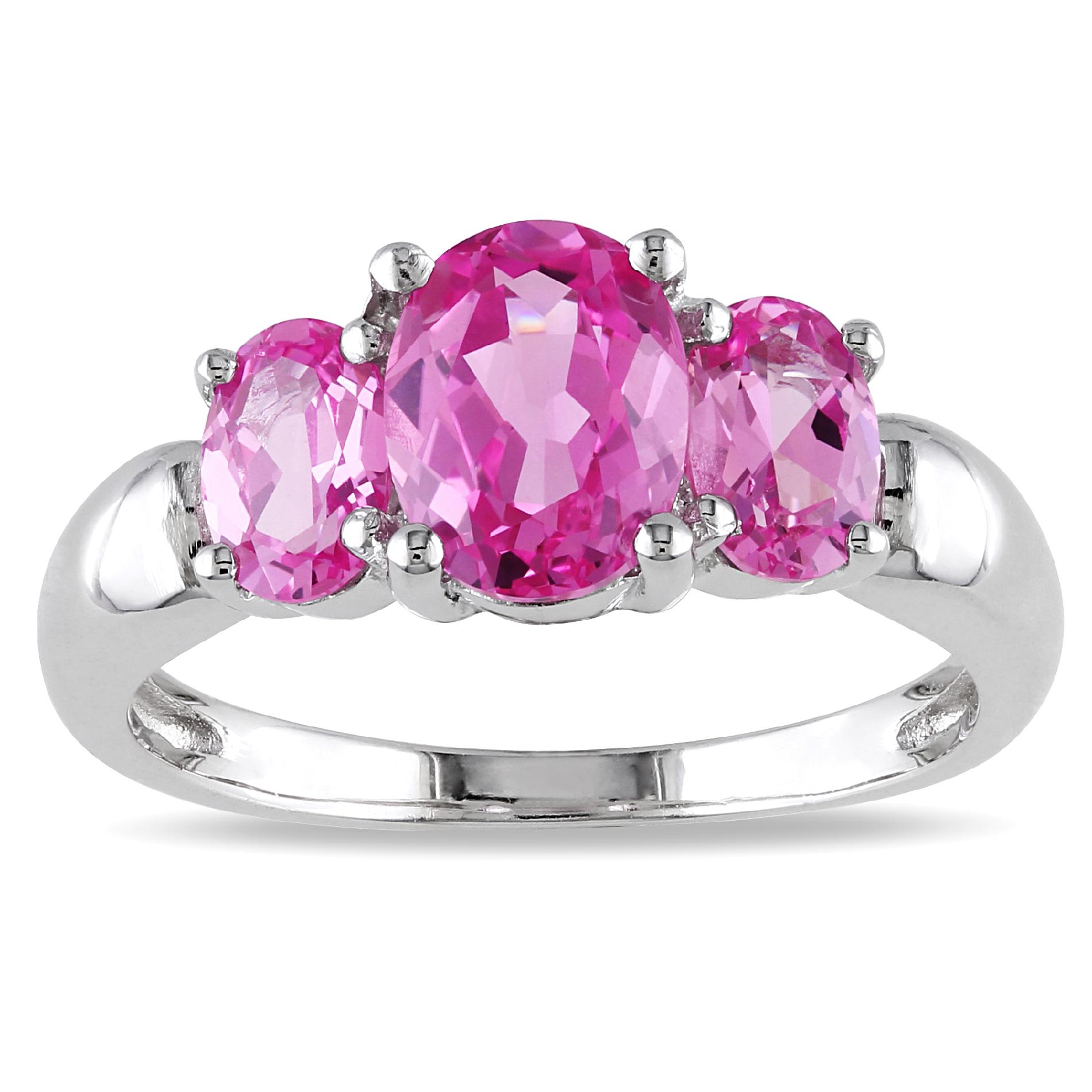 3 1/6 Carat T.G.W. Created Pink Sapphire 3 Stone Ring in Sterling Silver