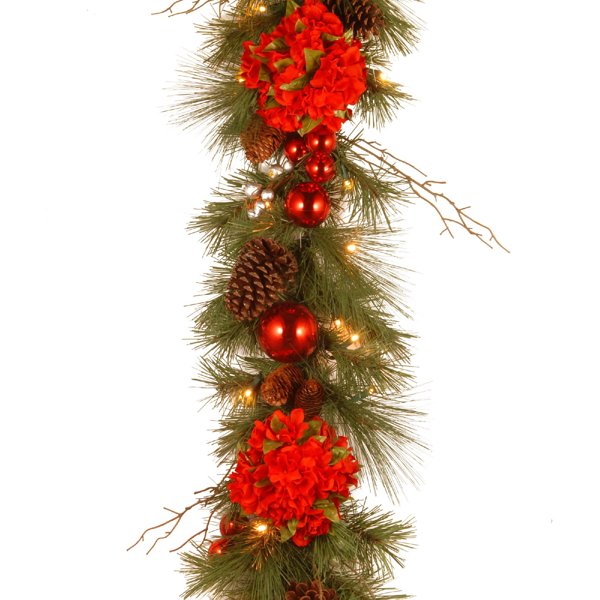 9 ft. Decorative Collection Hydrangea Garland with Battery Operated Warm White LED Lights