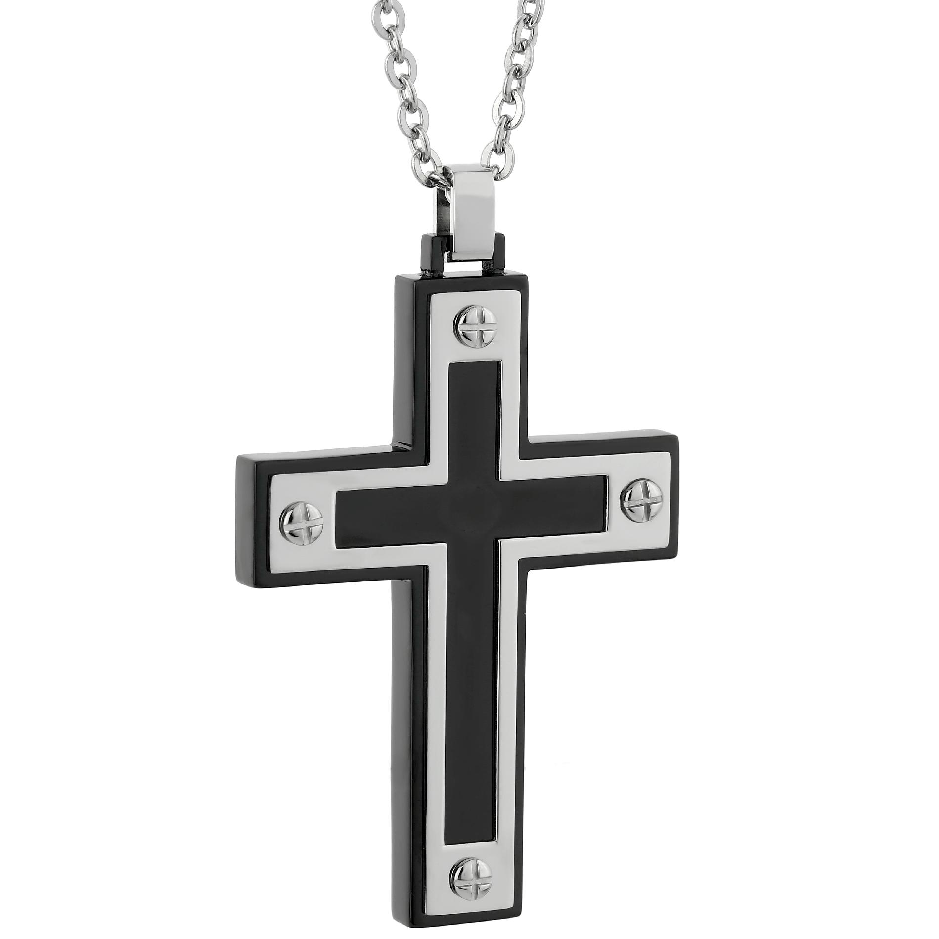 Black IP Stainless Steel Cross Pendant With Screws Accent
