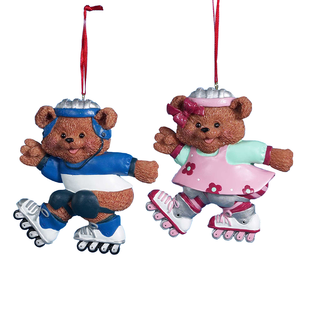 4" Boy/Girl Roller Skating Bear Ornament Set of 2