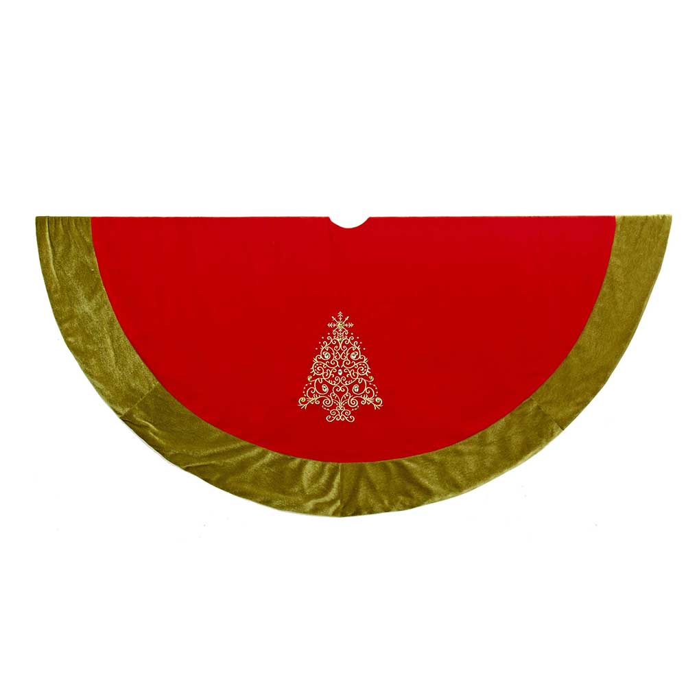 56" Red Treeskirt with Green Border and Tree Design
