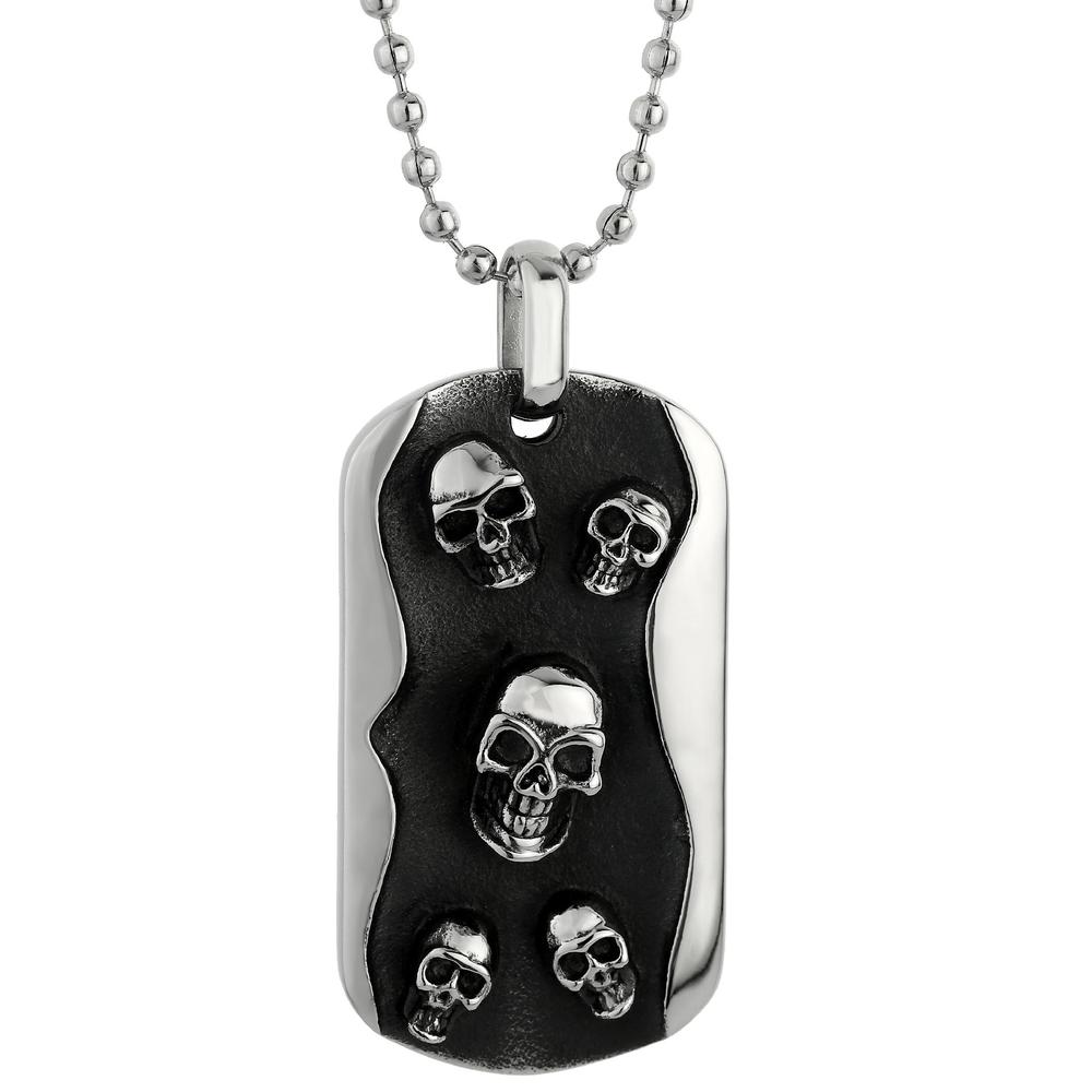 Stainless Steel Skull Dog Tag Pendant With Black IP and 22" Ball Chain