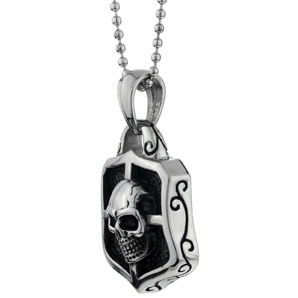Stainless Steel Dog Tag Pendant With Skull Accent and 22" Ball Chain