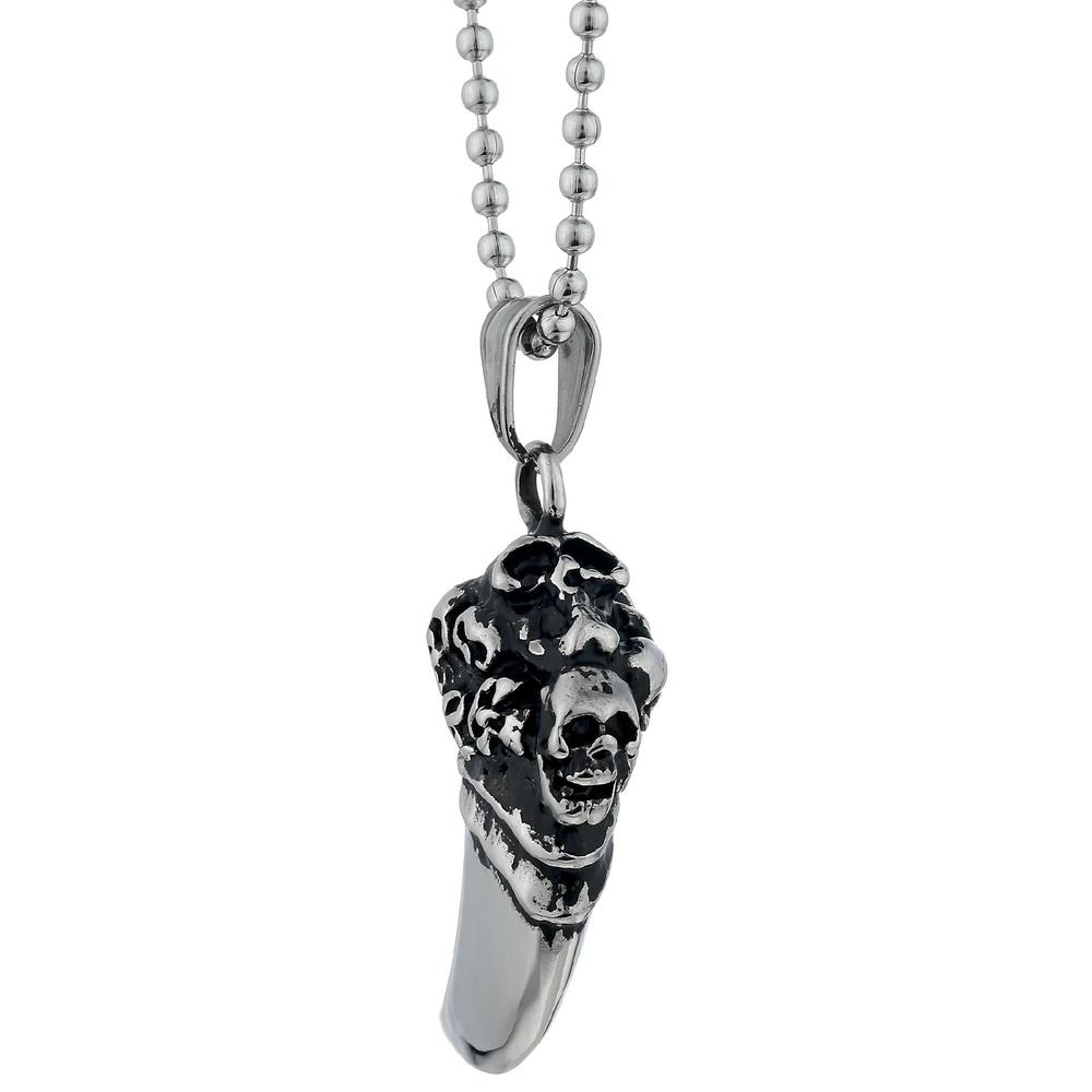 Stainless Steel Shark Tooth Pendant With Skull Accent and 22" Ball Chain