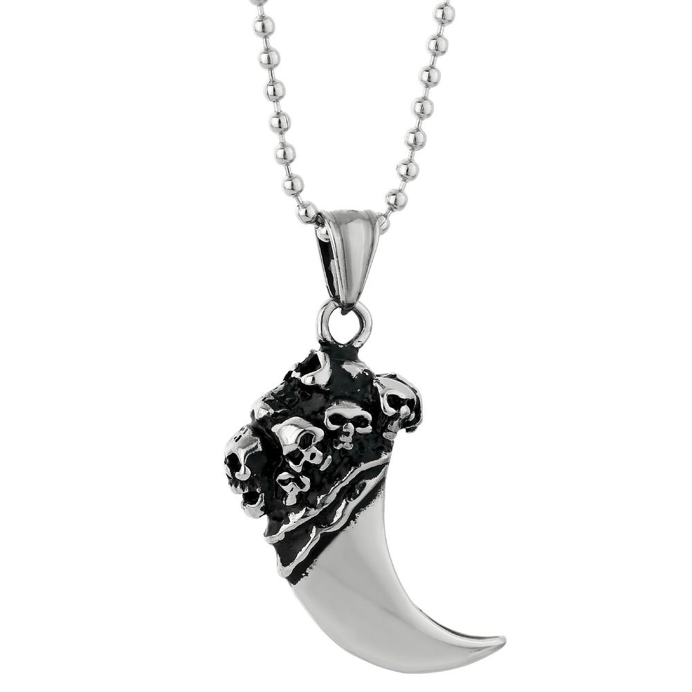 Stainless Steel Shark Tooth Pendant With Skull Accent and 22" Ball Chain