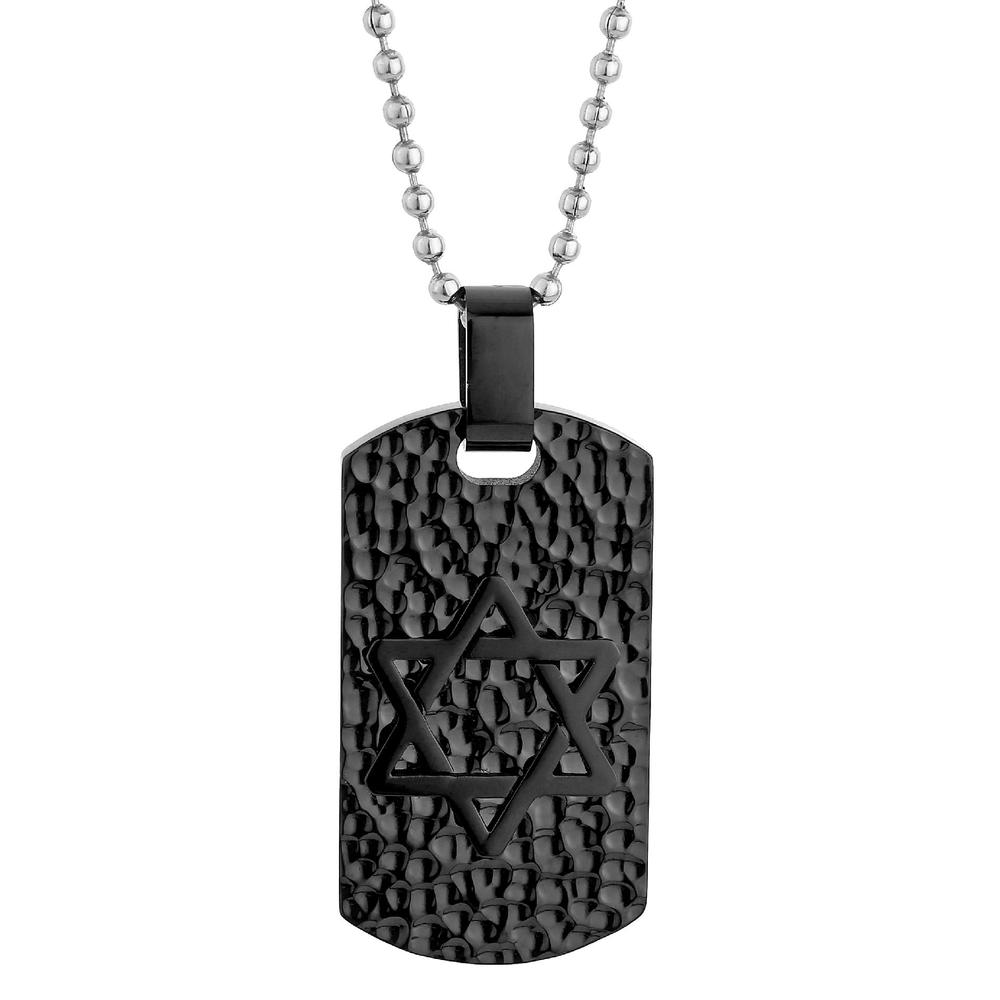 Black Ion Plated Stainless Steel Dog Tag Pendant With Hammered Finish and 22" Ball Chain