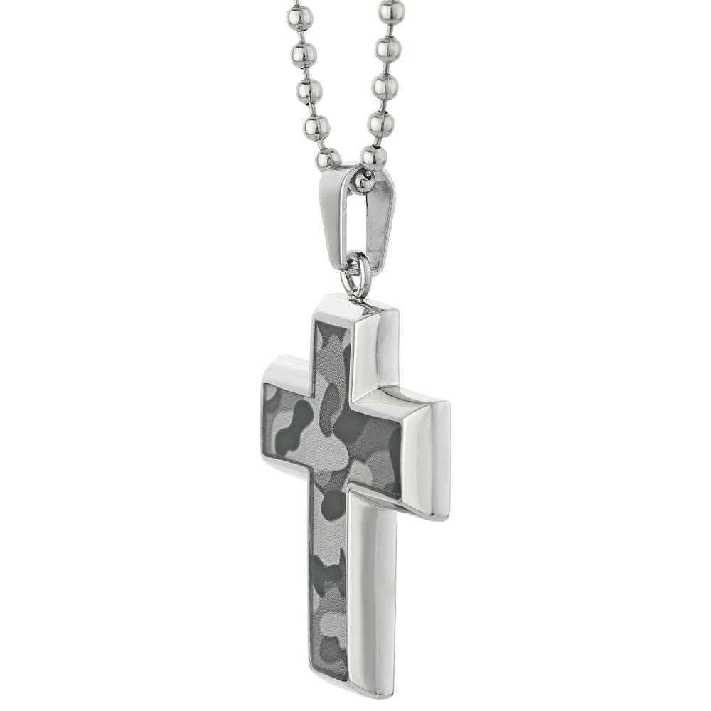 Stainless Steel Cross With Camouflage Accent and 22" Ball Chain