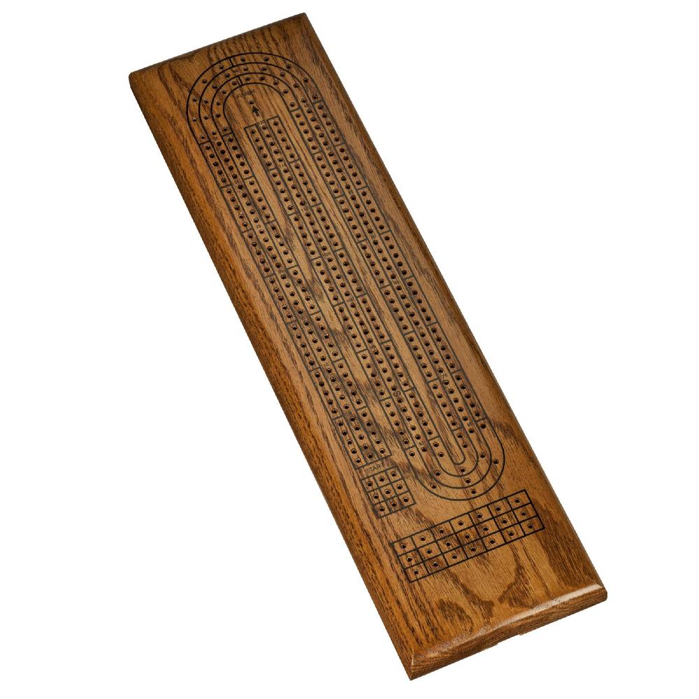 Classic Cribbage Set (Made in USA) - Solid Stained Oak Wood Continuous 3 Track Board with Metal Pegs