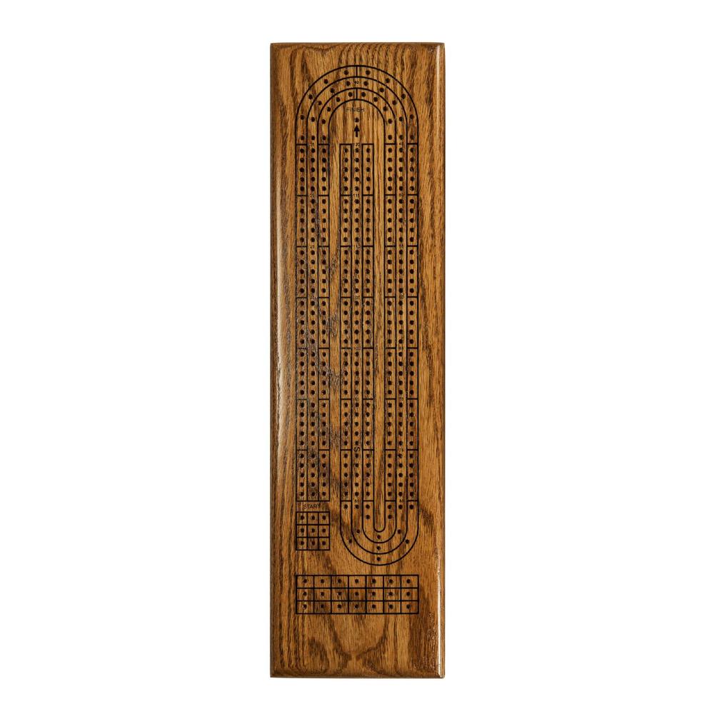 Classic Cribbage Set (Made in USA) - Solid Stained Oak Wood Continuous 3 Track Board with Metal Pegs