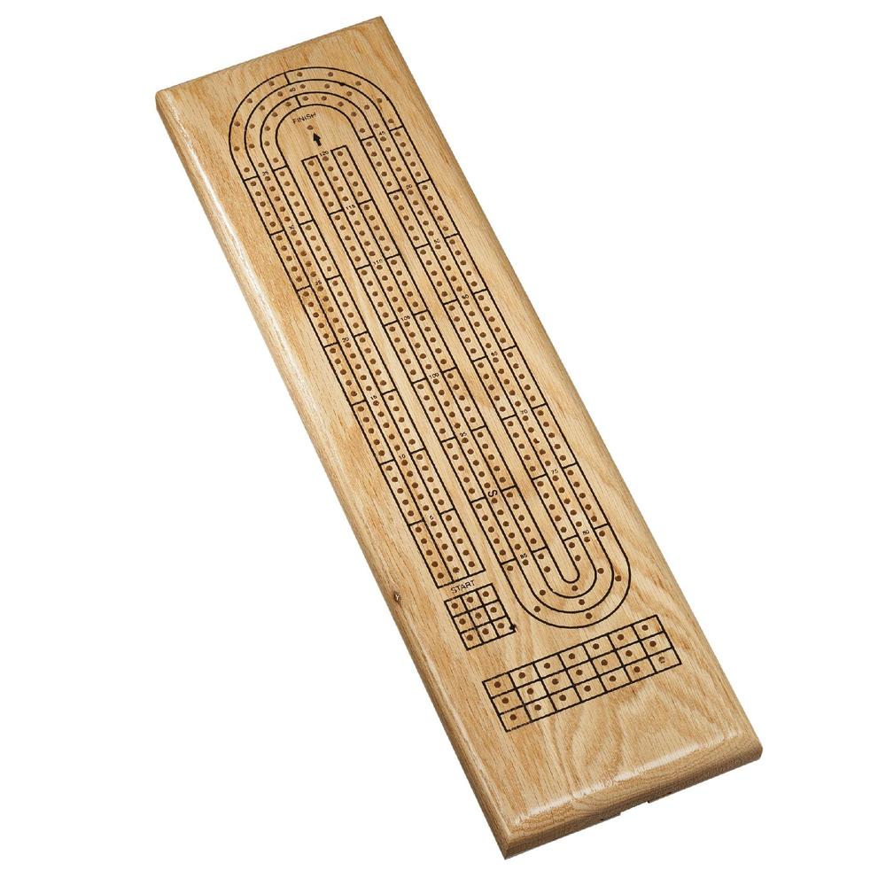 Classic Cribbage Set (Made in USA) - Solid Oak Wood Continuous 3 Track Board with Metal Pegs