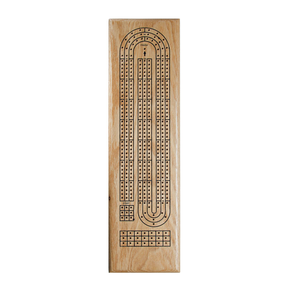 Classic Cribbage Set (Made in USA) - Solid Oak Wood Continuous 3 Track Board with Metal Pegs