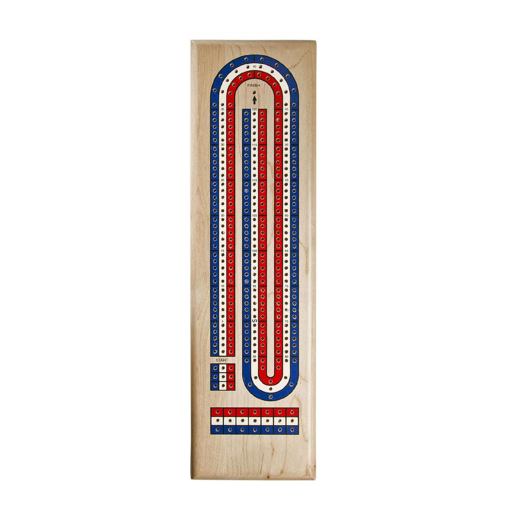 Classic Cribbage Set (Made in USA) - Solid Maple Wood TriColor (Red, White, Blue) Continuous 3 Track Board with Metal Pegs