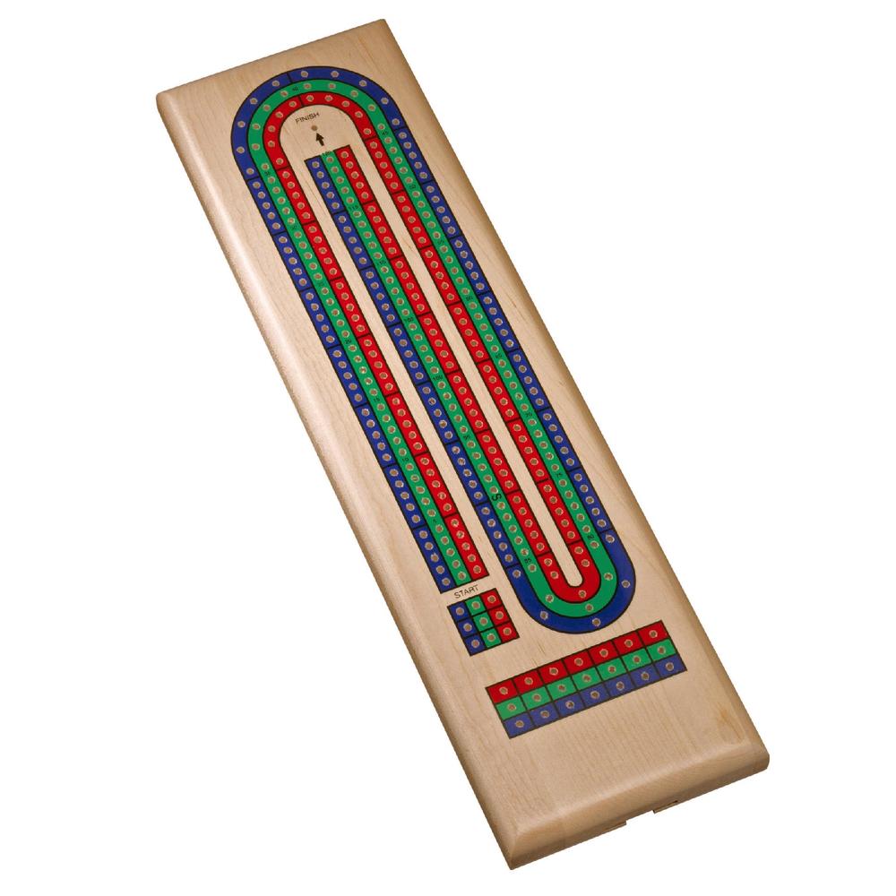 Classic Cribbage Set (Made in USA) - Solid Maple Wood TriColor (Blue, Green, Red) Continuous 3 Track Board with Metal Pegs