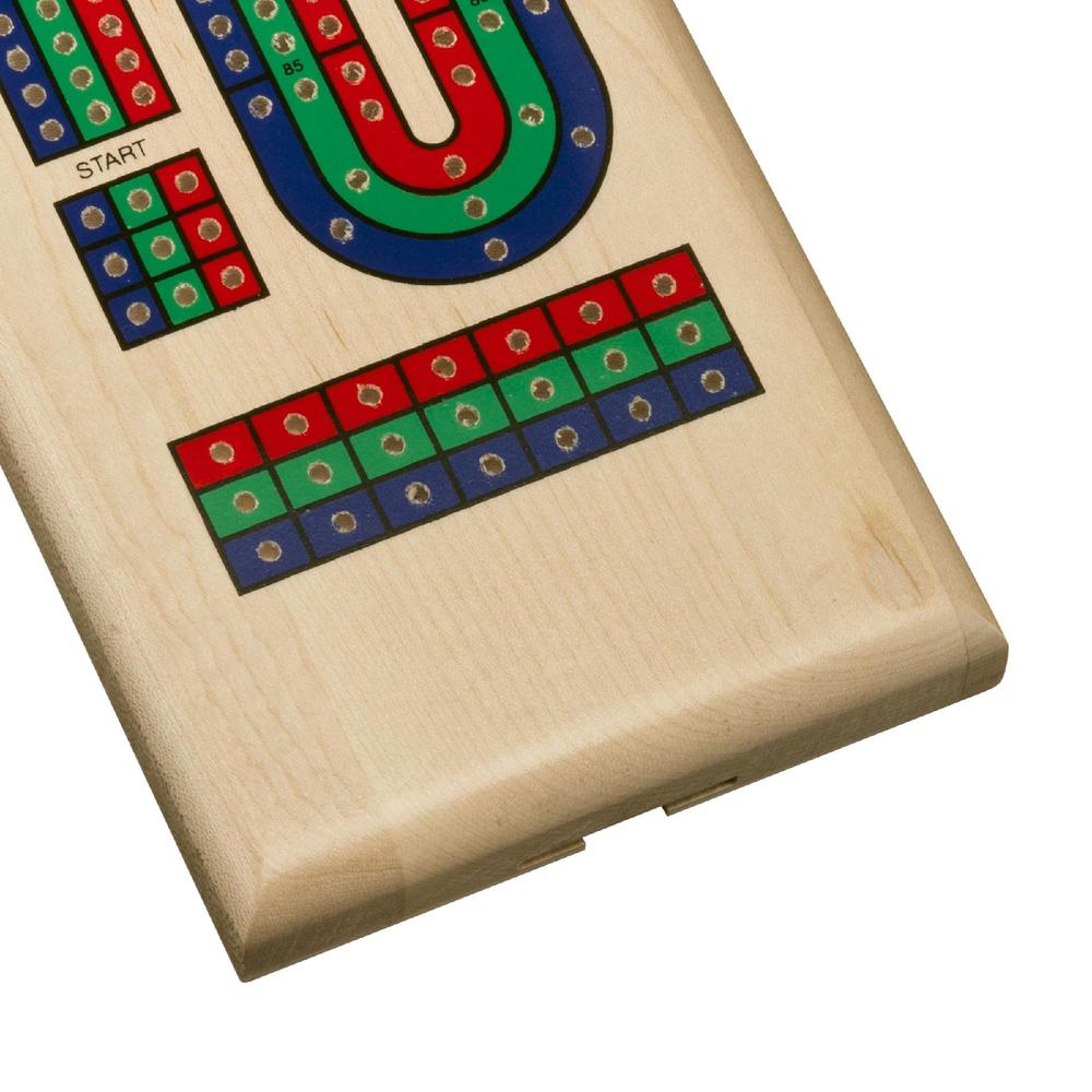 Classic Cribbage Set (Made in USA) - Solid Maple Wood TriColor (Blue, Green, Red) Continuous 3 Track Board with Metal Pegs