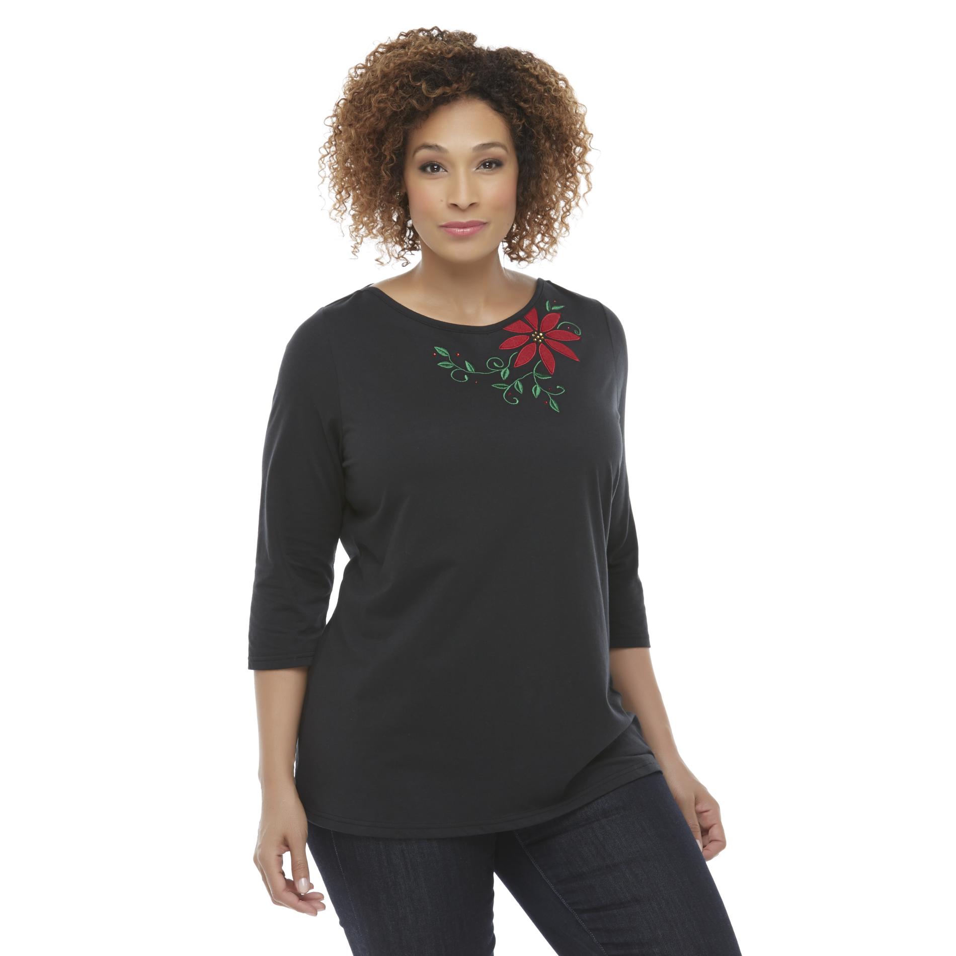 Holiday Editions- -Women's Plus Embroidered Christmas Top - Floral