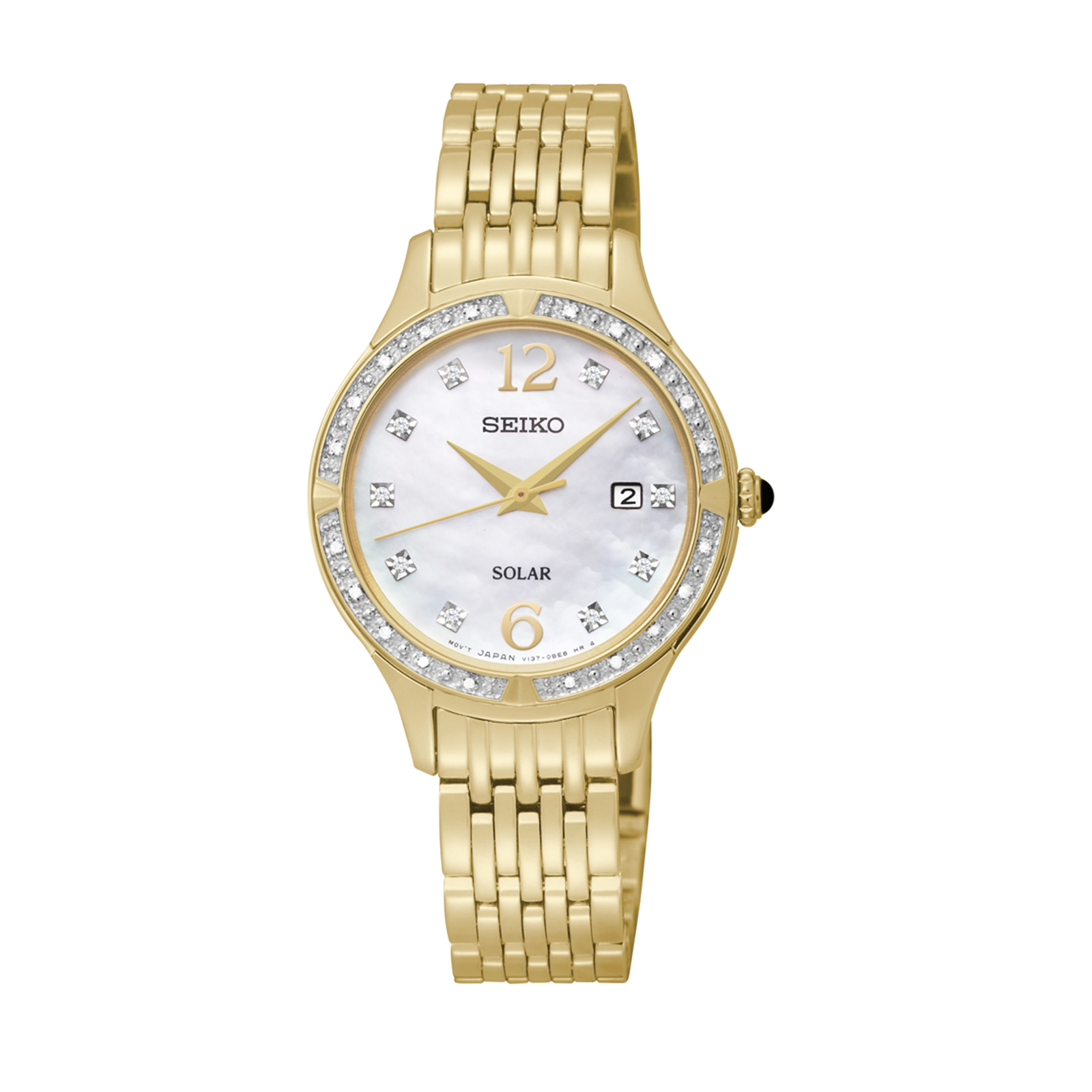 Seiko Ladies Gold Tone Diamond Bezel Solar Watch SUT094