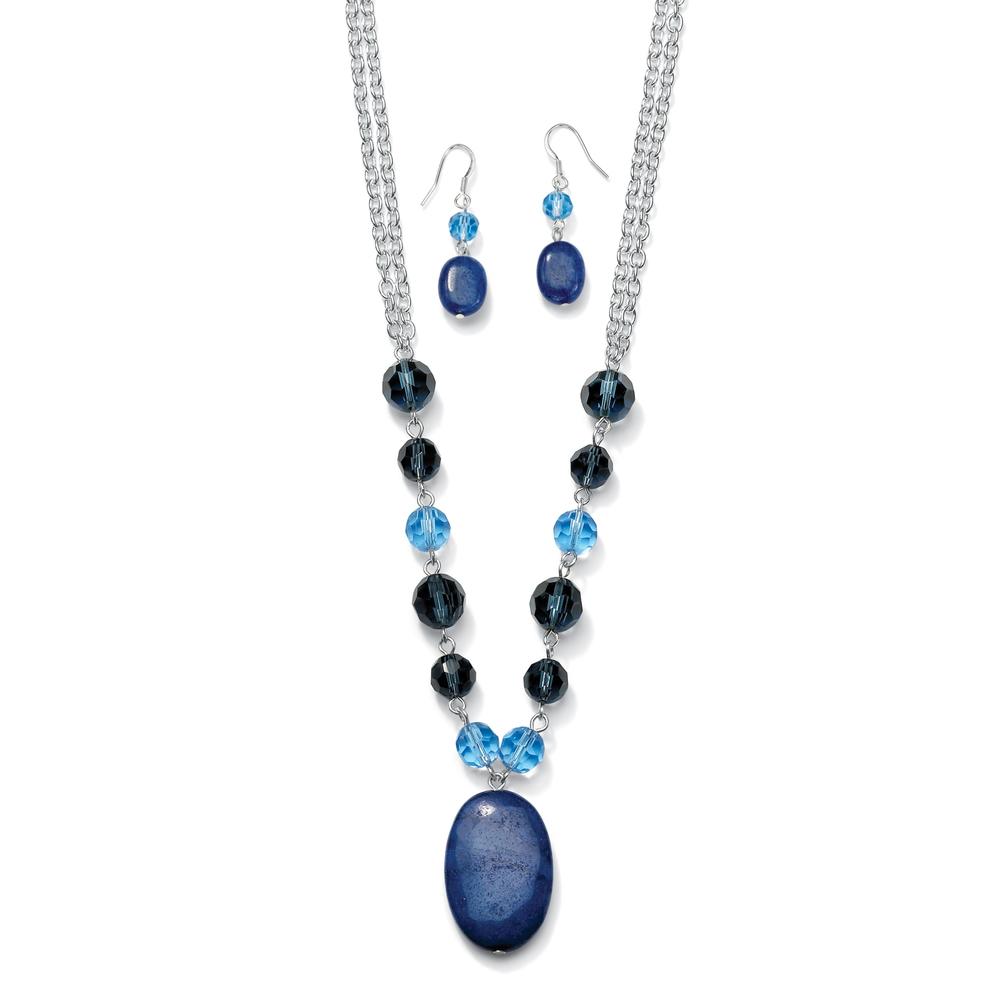 10.40 TCW Oval-Cut Genuine Blue Quartz Silvertone Necklace 16" and Drop Earrings Set