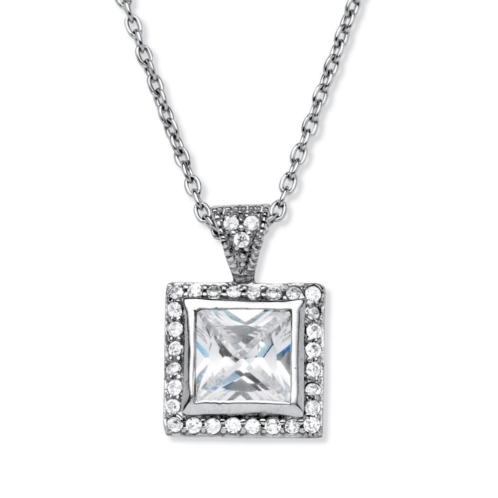 1.12 TCW Princess-Cut Cubic Zirconia Square Halo Pendant Necklace Platinum over Sterling Silver 16"
