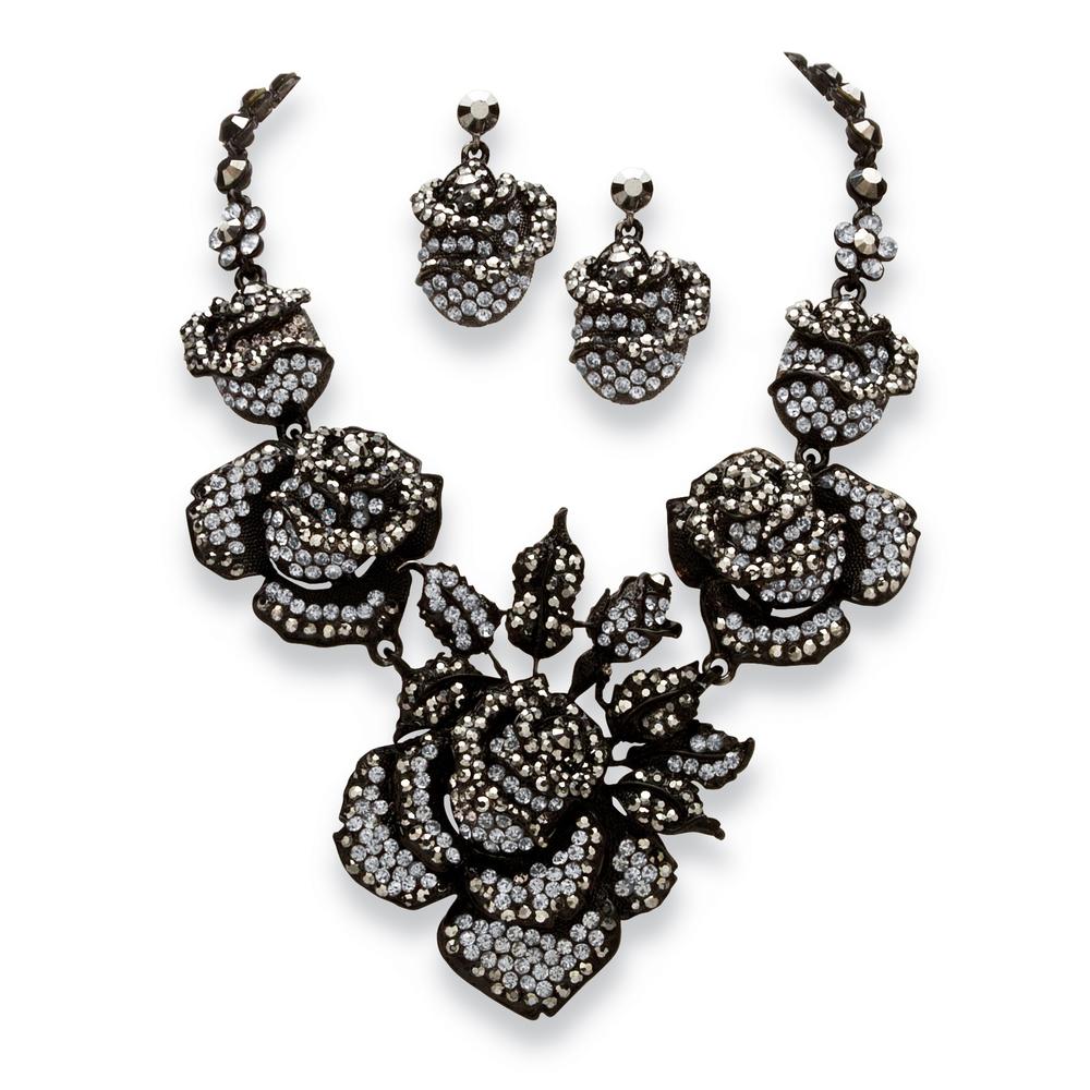 2 Piece Grey Crystal Rose Necklace and Earrings Set in Black Rhodium-Plated