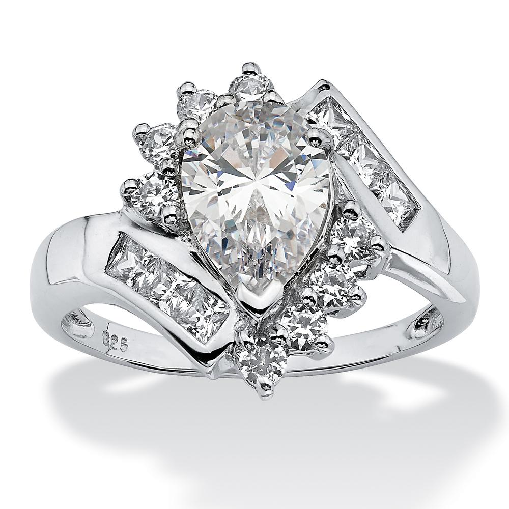2.42 TCW Pear Cut Cubic Zirconia Platinum over Sterling Silver Engagement Anniversary Ring