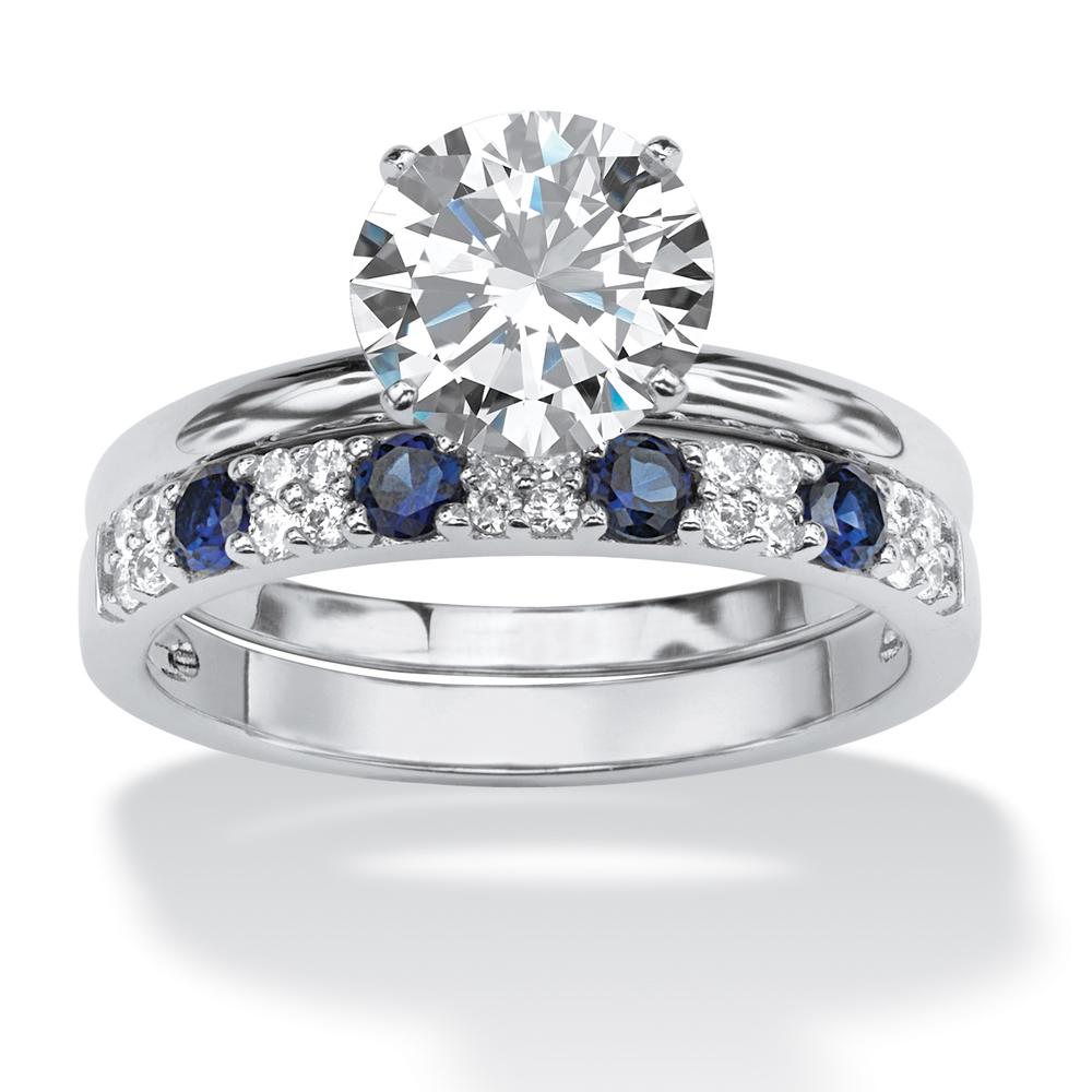 2 Piece 2.58 TCW Round Cubic Zirconia and Sapphire Bridal Ring Set in Platinum over Sterling Silver