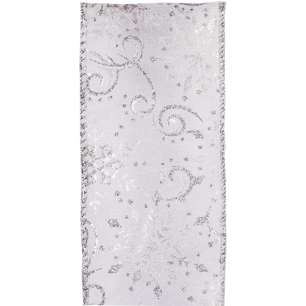 DONNER & BLITZEN Ribbon 2.5" Wide Sheer Silver with Snowflakes, 21'