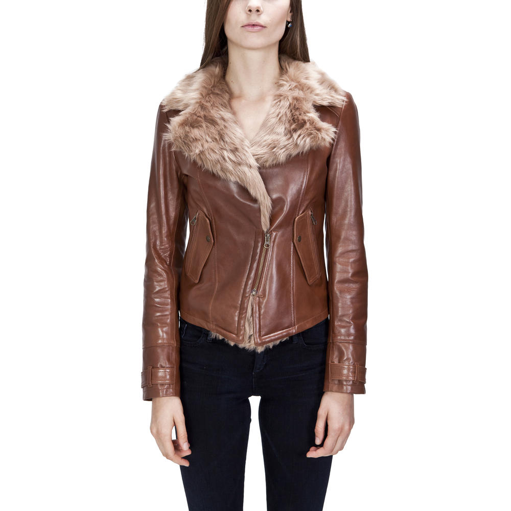 UNITED FACE Women's Fur Lined Leather Biker Jacket