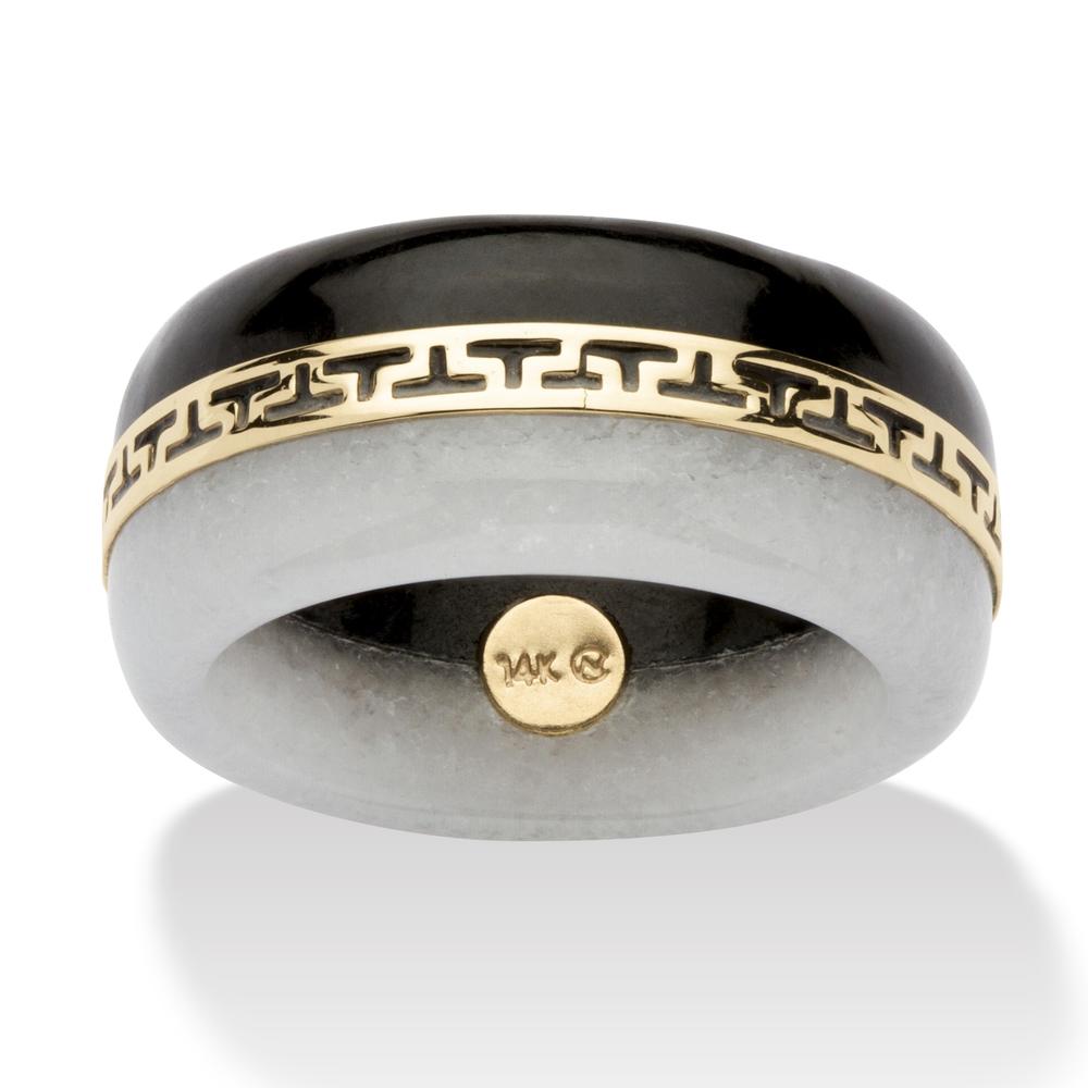 PalmBeach Jewelry Round Black and White Jade 14k Yellow Gold "Greek Key" Ring