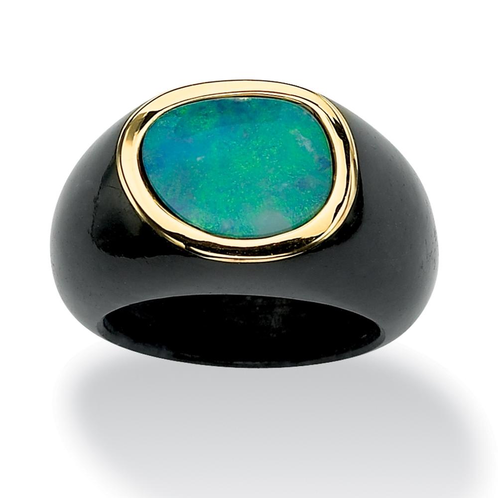 Bezel-Set Genuine Blue Opal Cabochon Accent Genuine Black Jade 10k Yellow Gold Ring