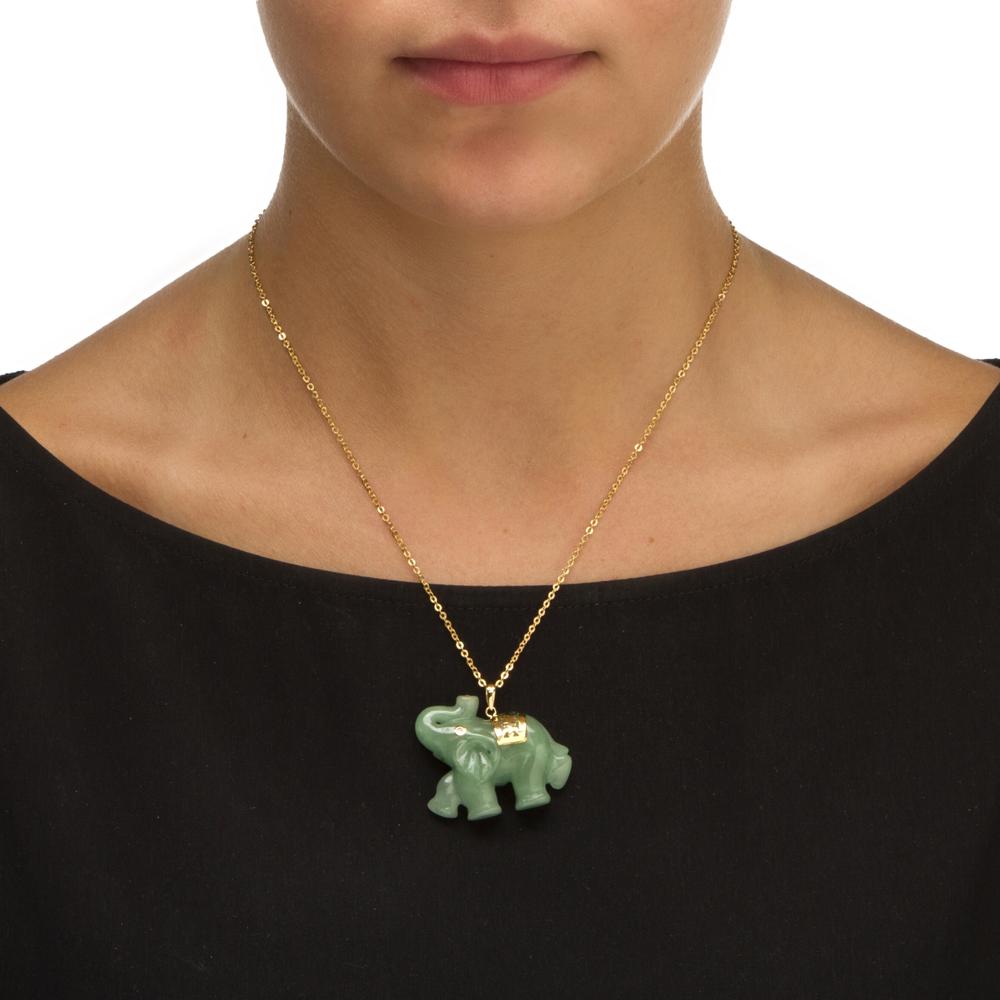 Green Jade Pink Genuine Sapphire Accent 14k Yellow Gold Lucky Elephant Charm Pendant