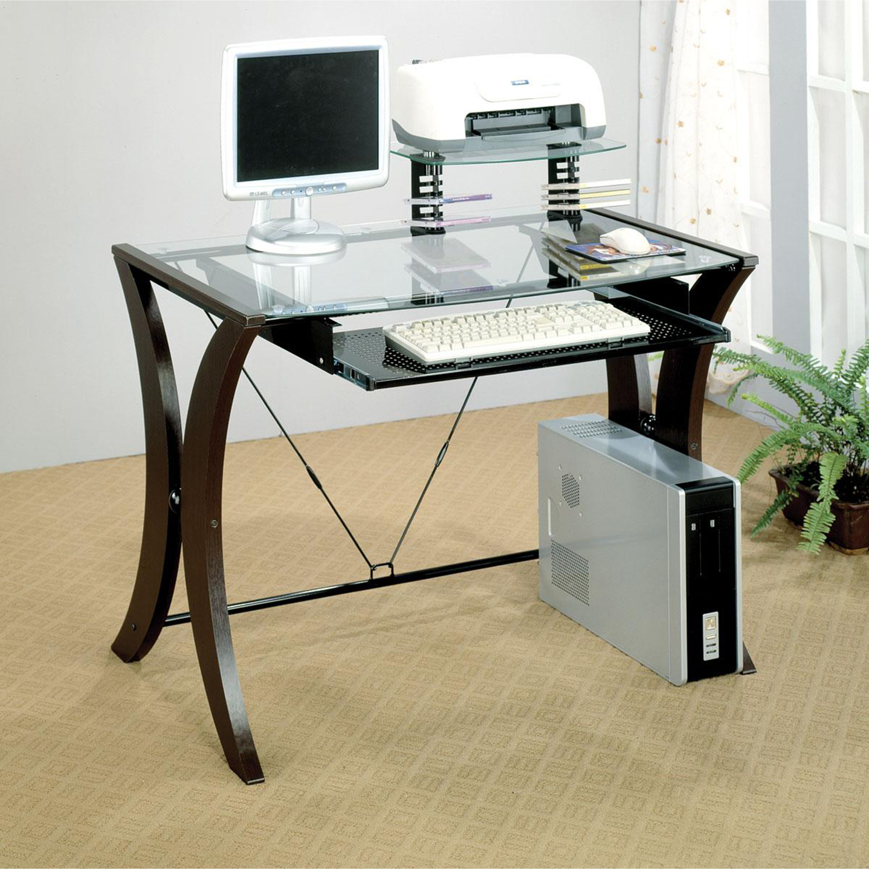 Venetian Worldwide Maxwell Glass Top Computer Desk in Cappuccino Finish- Brown Venetian Worldwide Maxwell Glass Top Computer Desk in Cappuccino Finish- Brown