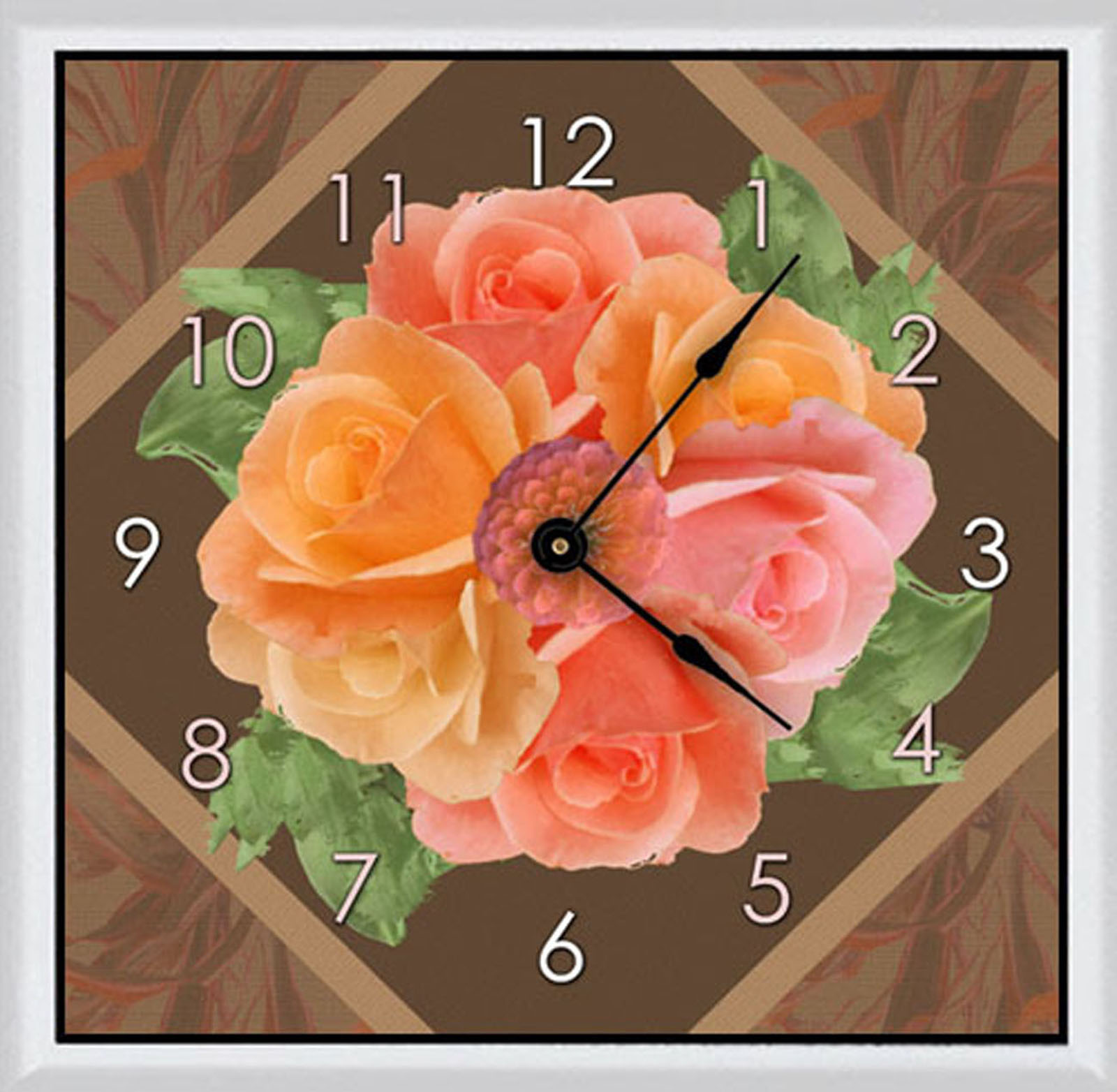 Green Leaf Art Pink Flowers Art Clock