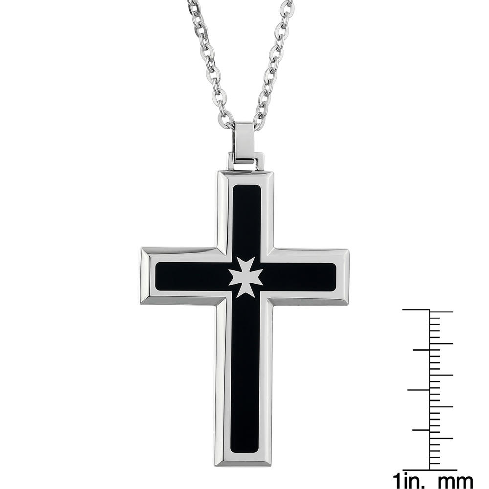 Stainless Steel Cross Pendant With Black IP and Maltese Cross Accent