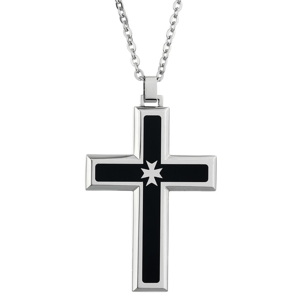 Stainless Steel Cross Pendant With Black IP and Maltese Cross Accent